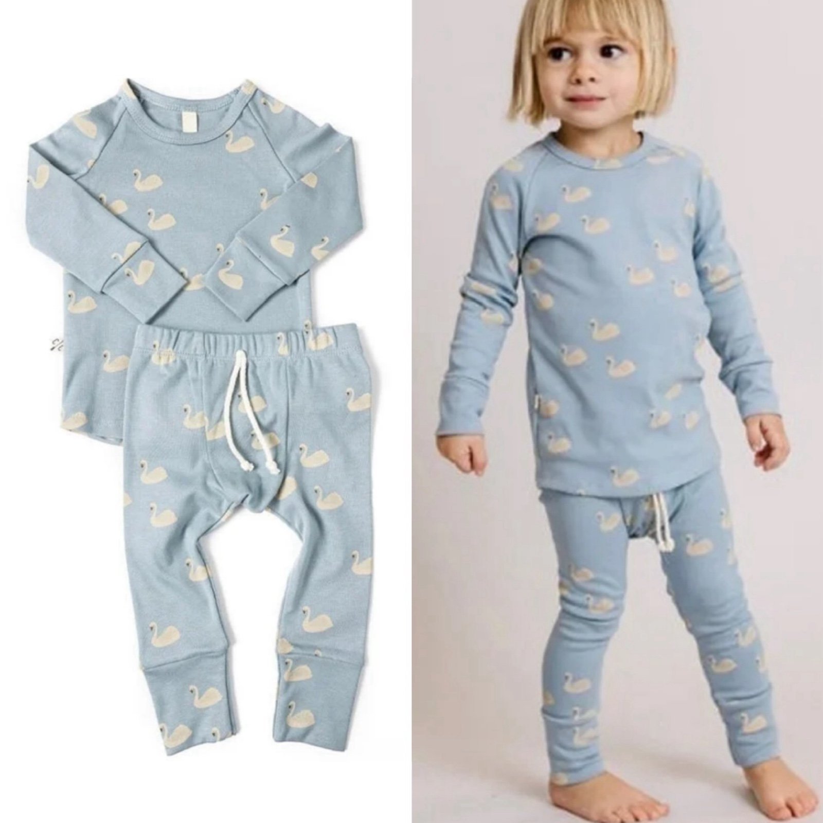 Childhoods Clothing Kids Swan On Dusty Blue Rib Knit Set 3T