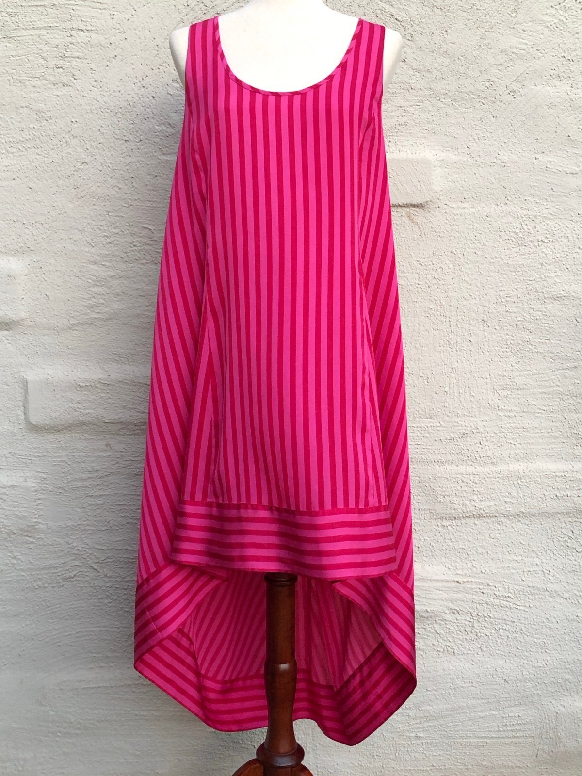 French Connection Pink Striped Sleeveless Hi-Low Hemline Dress. Size- 14