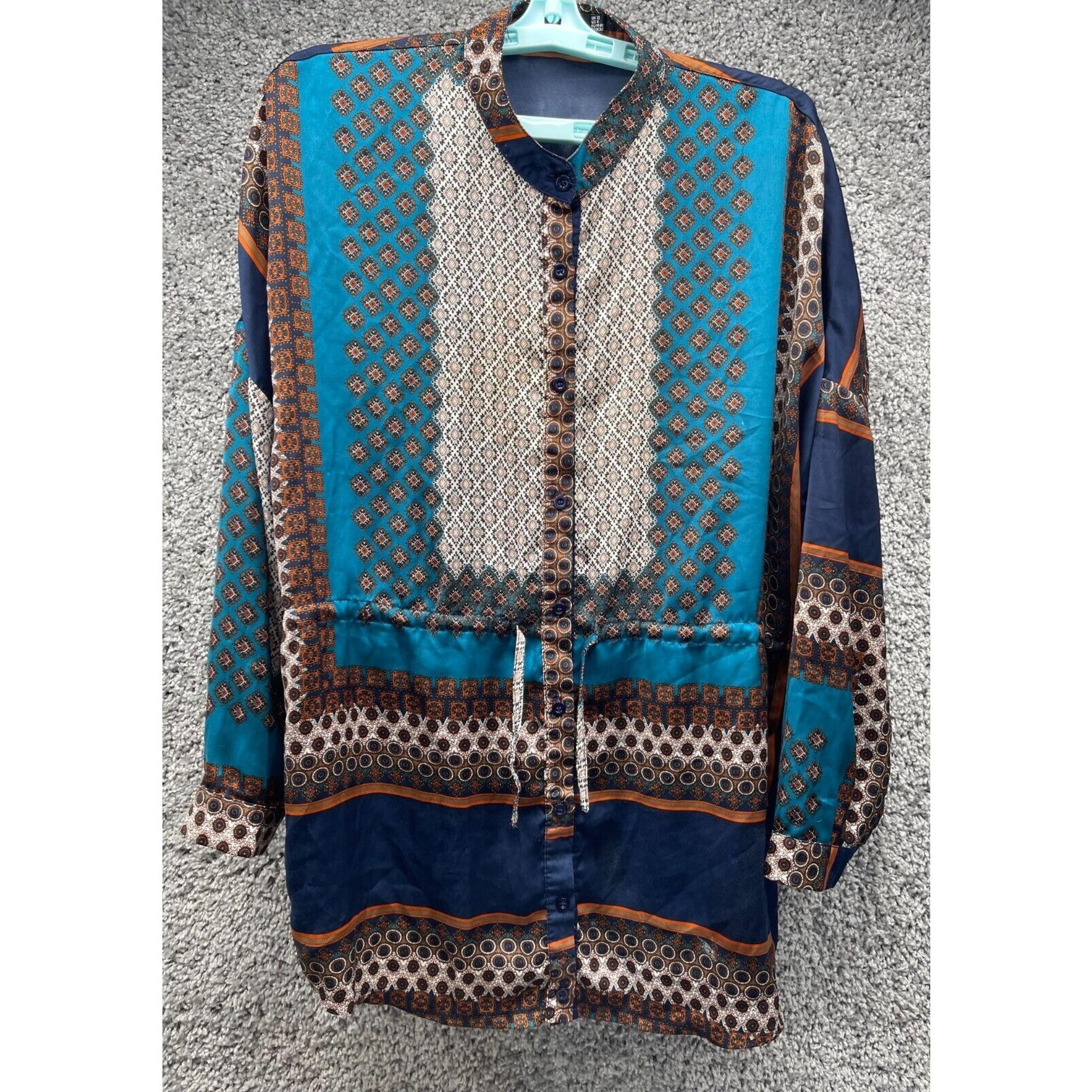 Women's BooHoo Blair Paisley Shirt Dress Multicolor 8 Long Sleeve Drawstring
