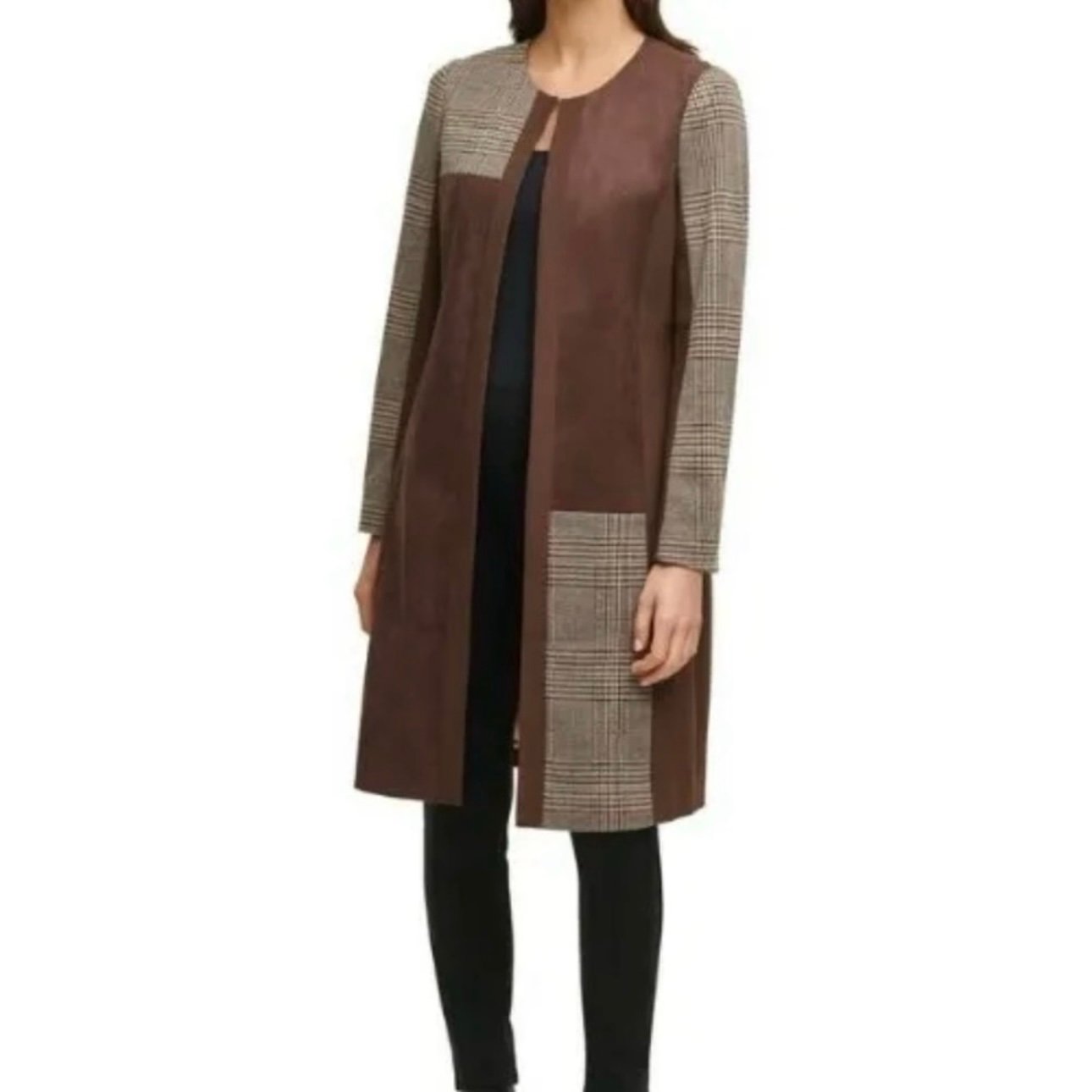 Calvin Klein Suede Plaid Coat Jacket Topper Trench Lined Brown Tan L Preppy