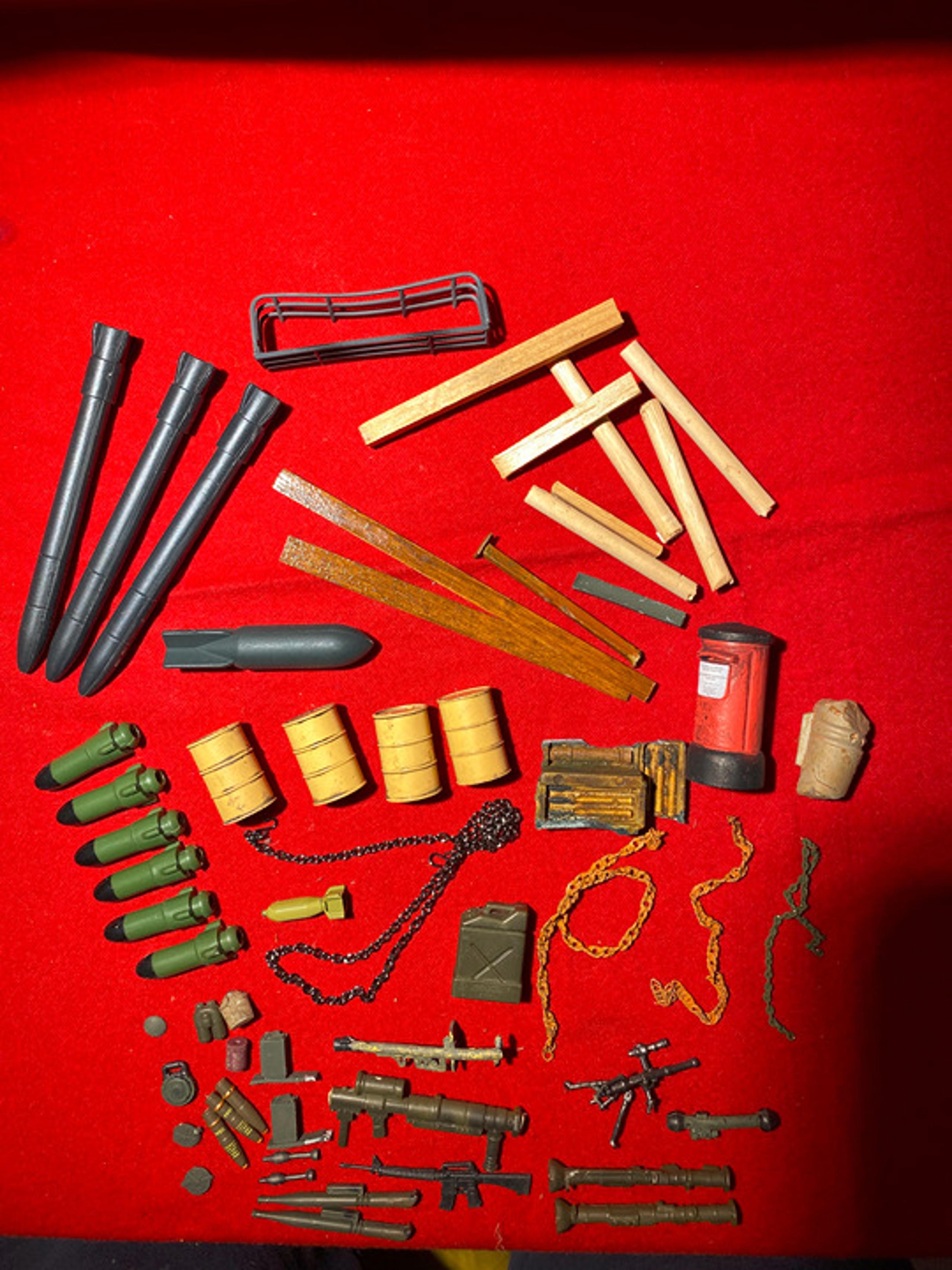 Military Vehicle Accessory Lot Weapons, Bombs, Missiles, Barrels, Chains & More