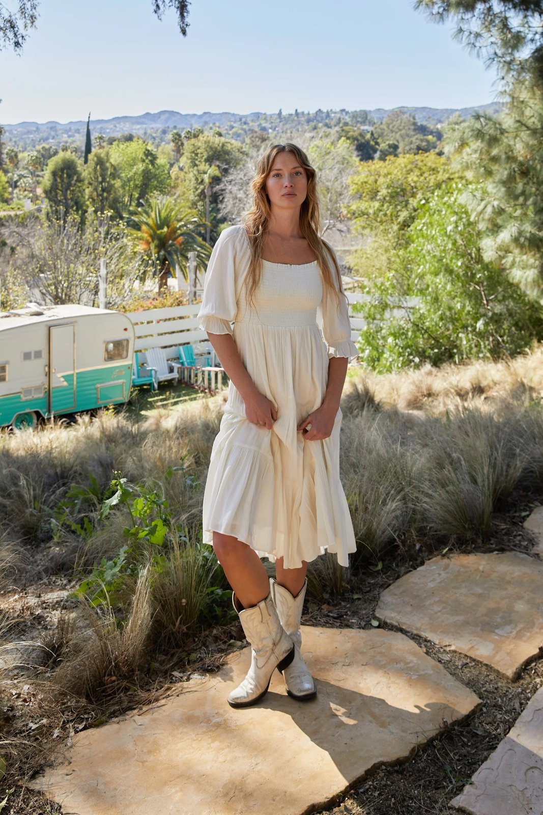 Oak + Fort Smocked Midi Dress
