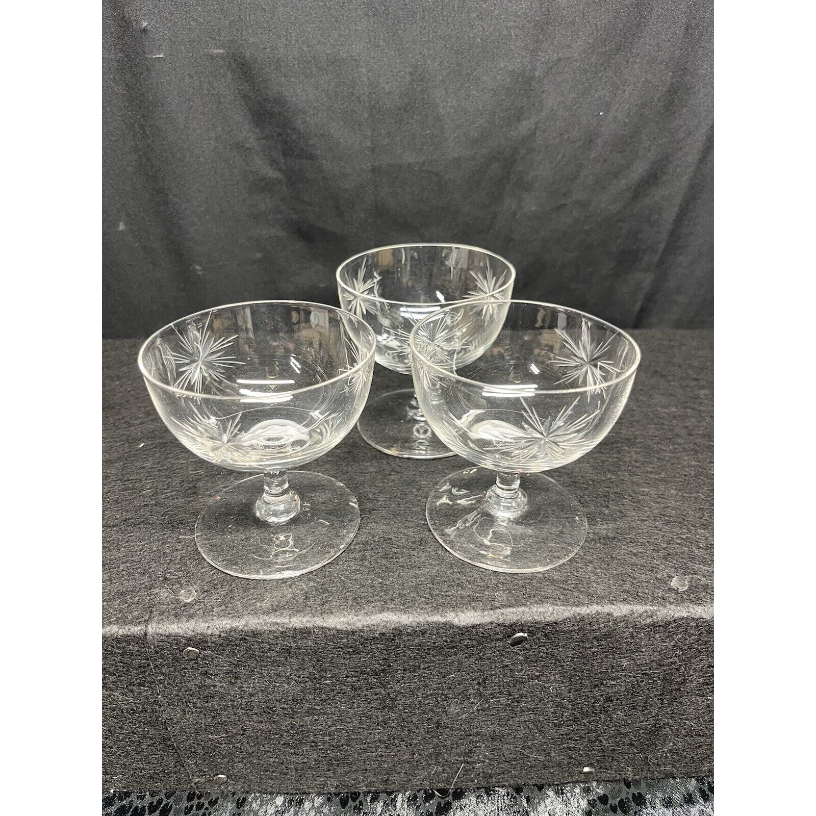 (3) Vintage Fostoria Clear Glass Starburst Low Sherbet Glasses Mid Century
