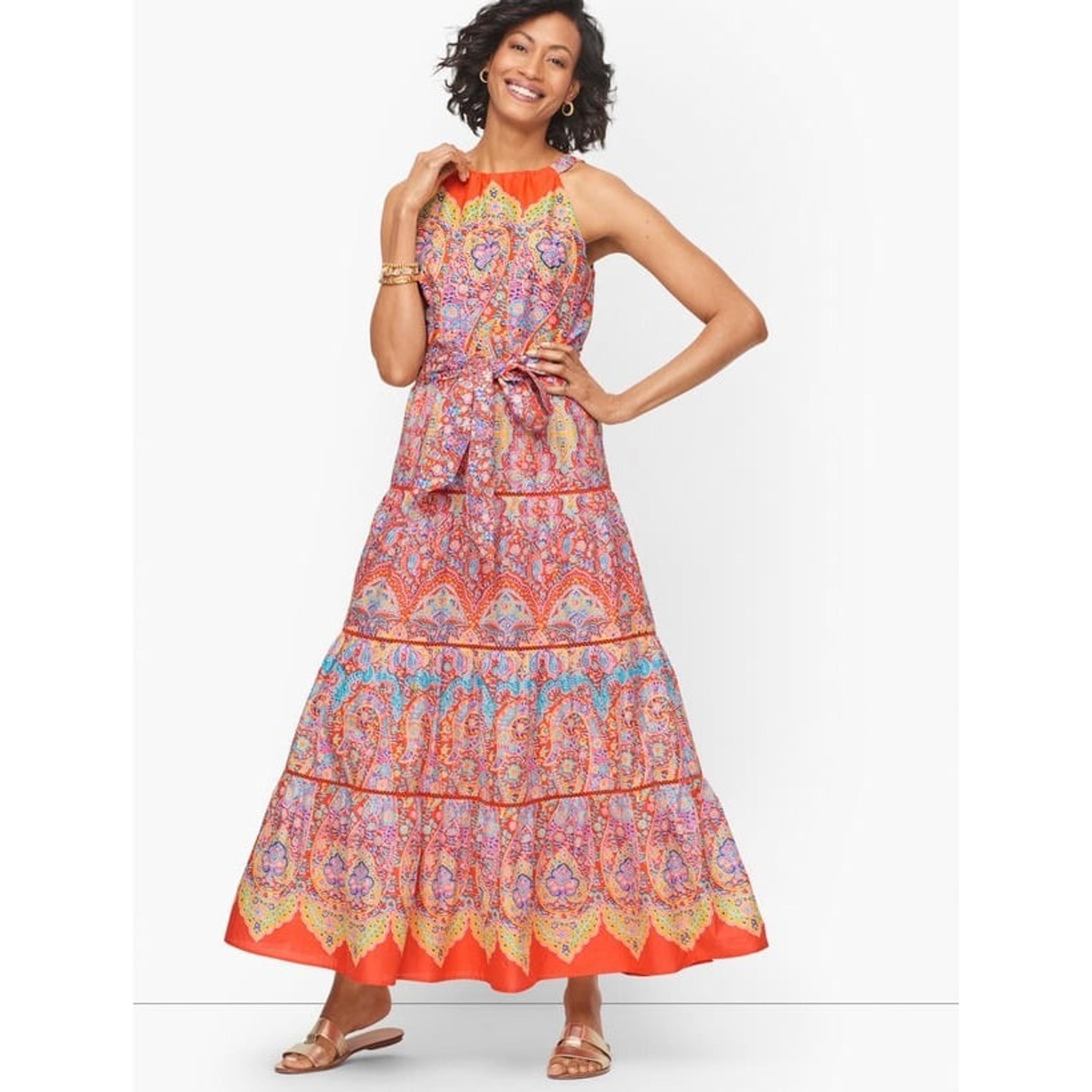 Talbots Tiered Halter Maxi Dress Medallion Casual Boho Summer Dress Size 2