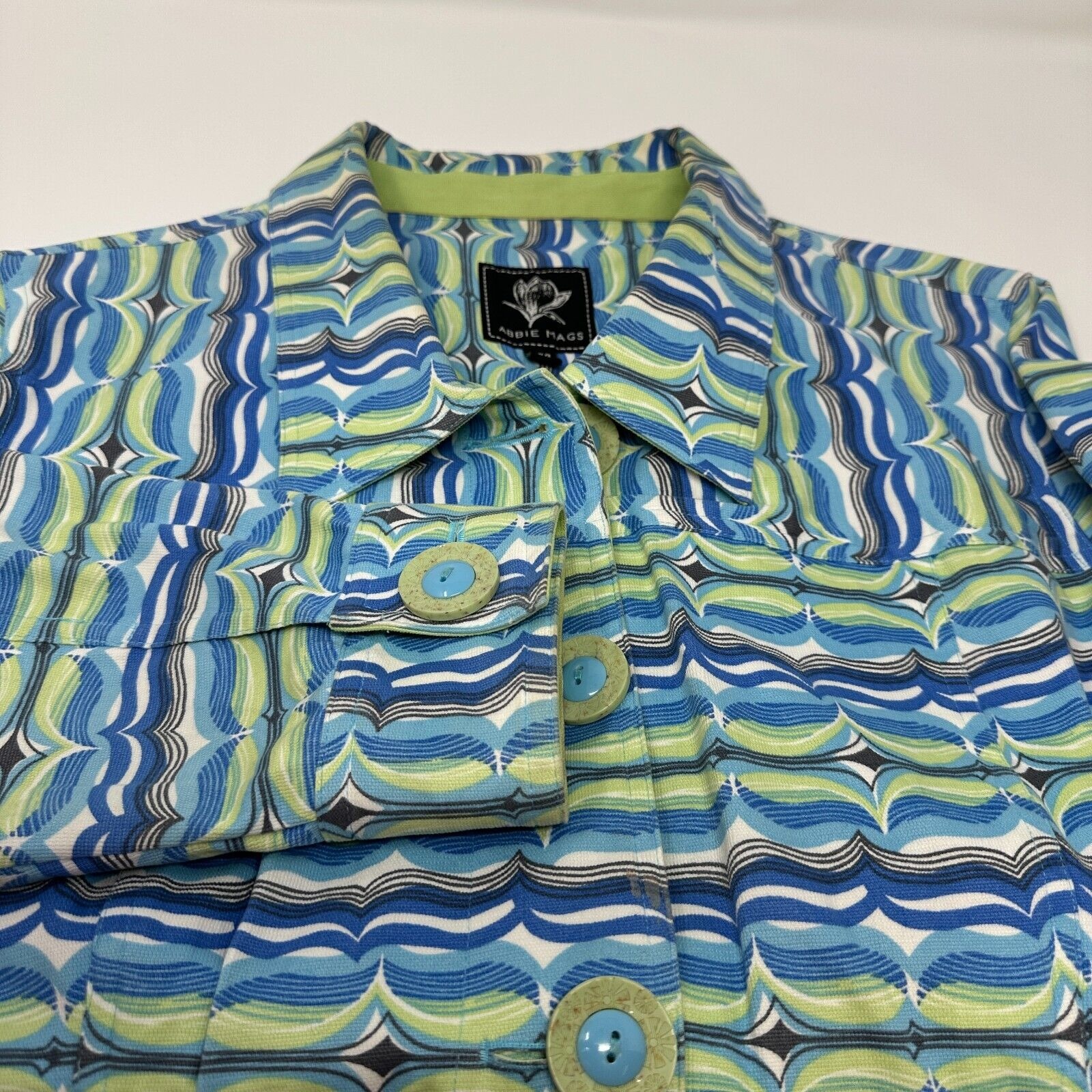Abbie Mags Women's Geometric Print Blazer Jacket Size XL Blue/Green/White
