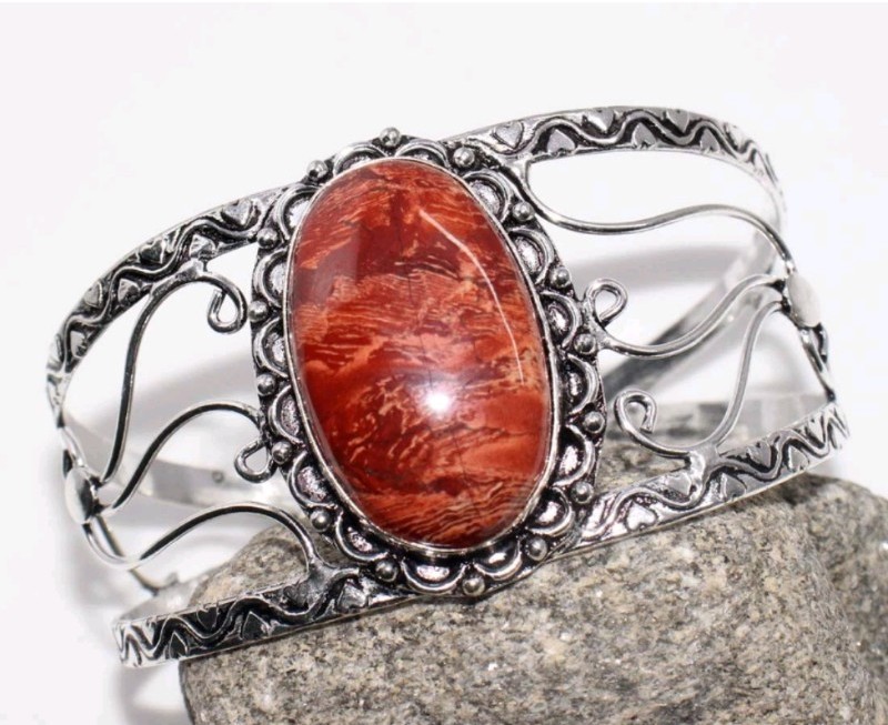 Red Jasper Gemstone 925 Sterling Silver Handmade Cuff Bracelet