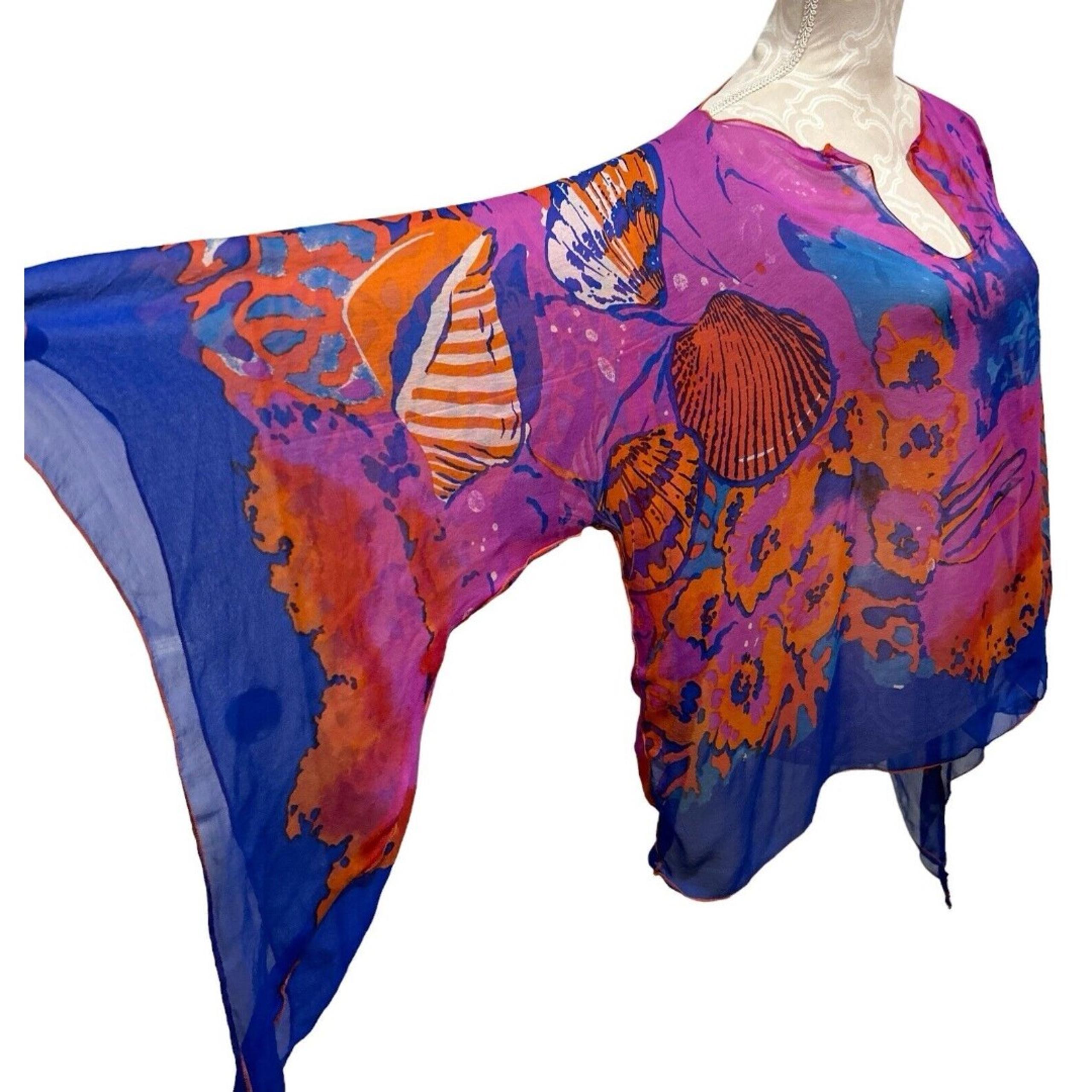Nordstroms Women OS 100% Silk Blouse Cover Up Swimwear Seashells Jellyfish Blue