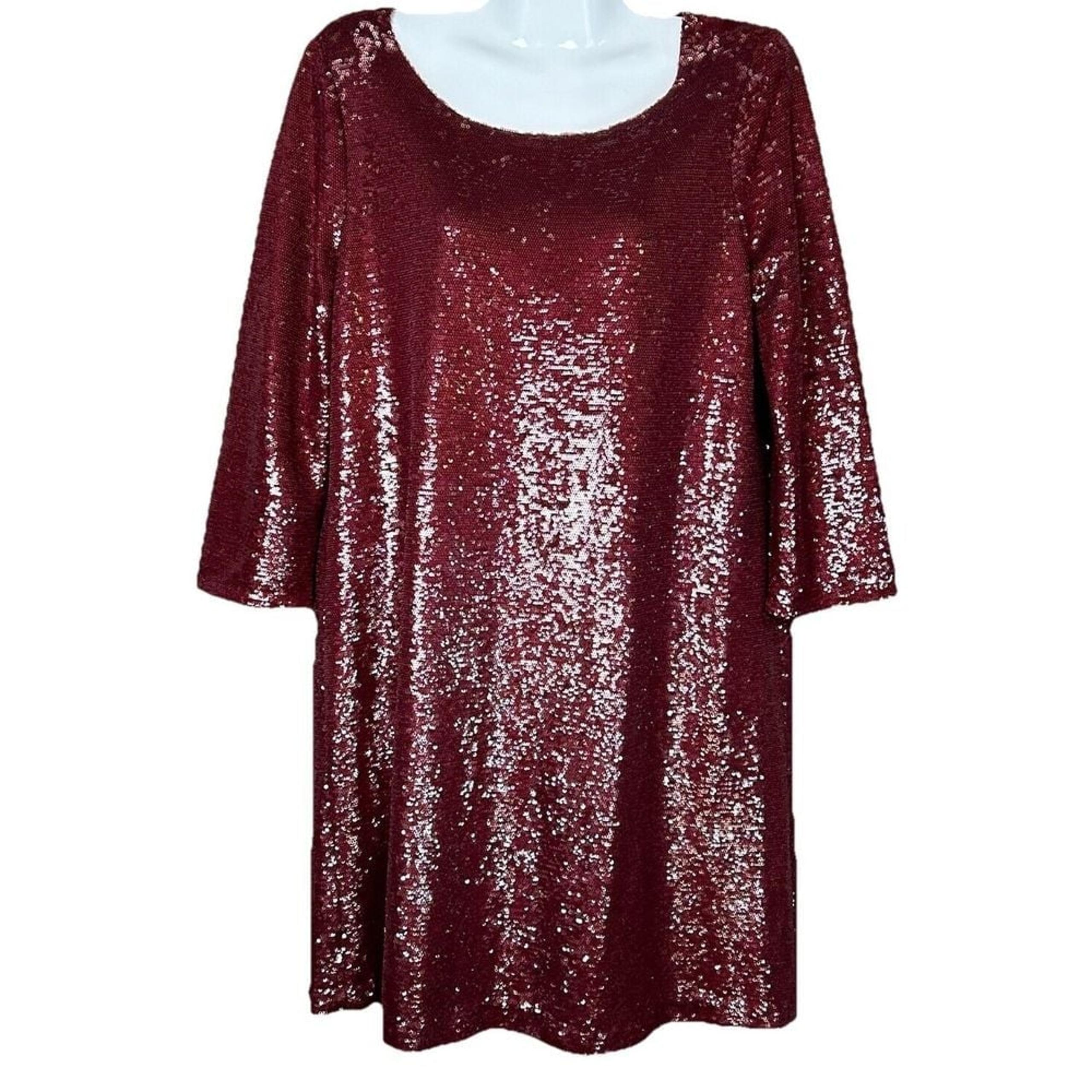 BB Dakota Shift Dress Womens M Red Sequin 3/4 Sleeve Lined Sparkle Party Holiday