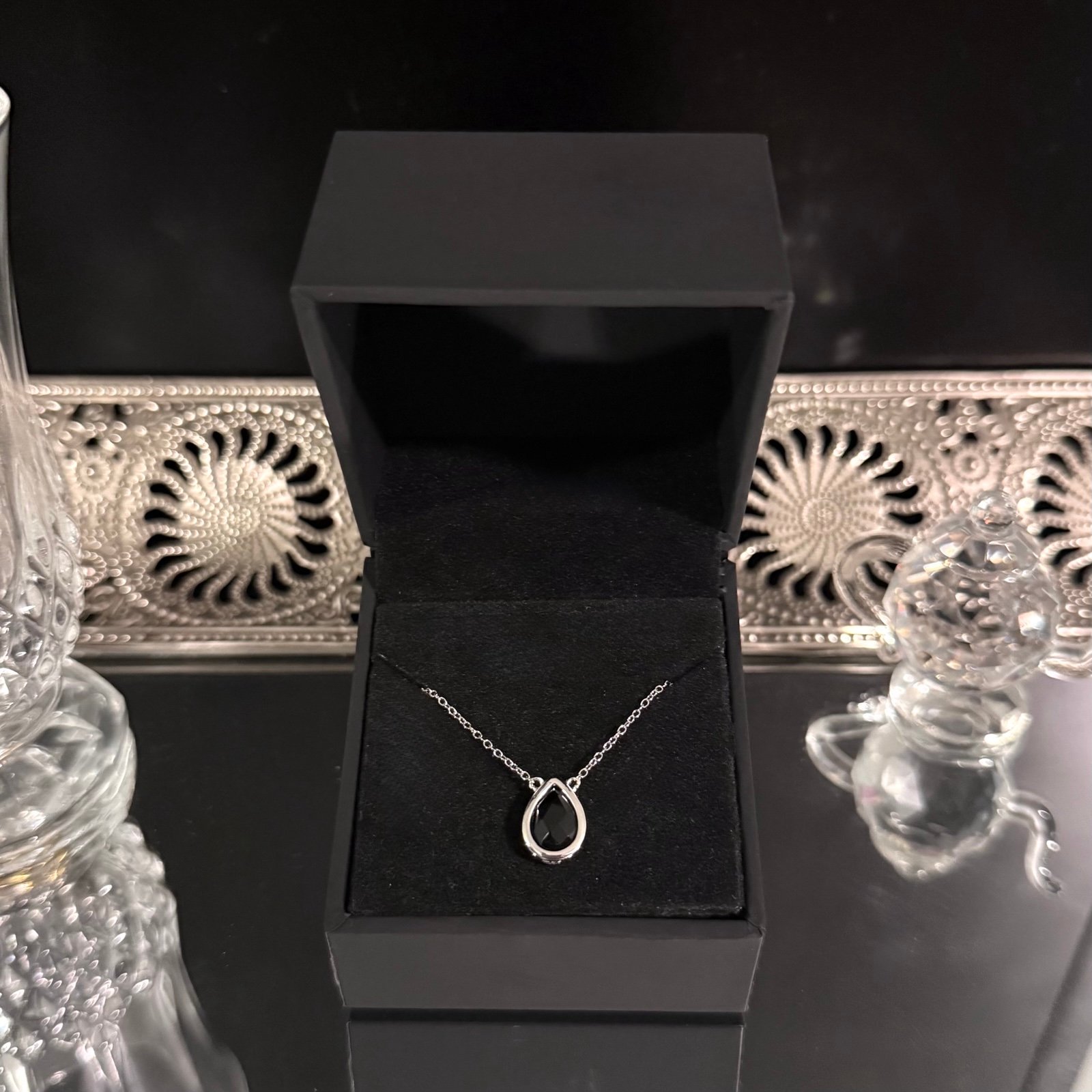Sterling Silver Onyx & White Topaz Teardrop Necklace