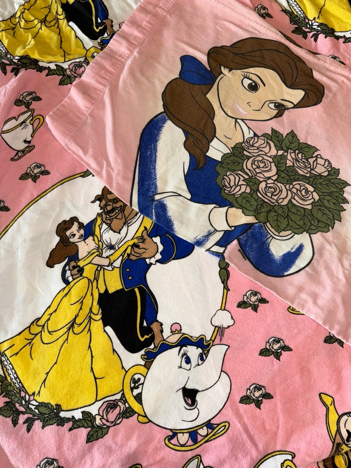 Vintage 90s Disney Beauty And The Beast Twin Flannel Pillowcase Sheet Set