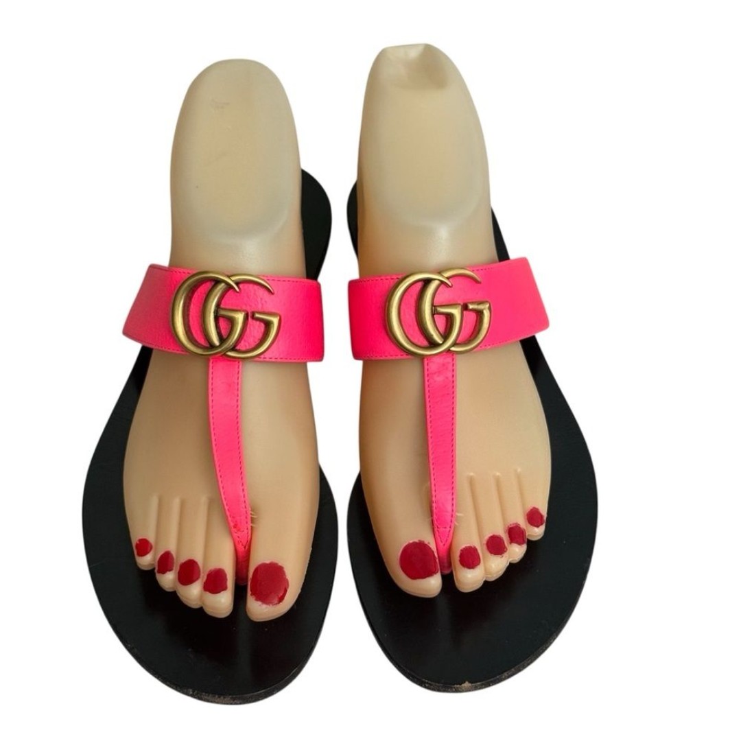 Gucci Double G Marmont Pink Leather Thong Sandals Size 7 EUR 37