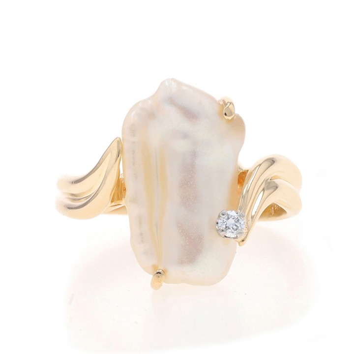 Yellow Gold Baroque Cultured Pearl Diamond Bypass Ring - 14k LX0795