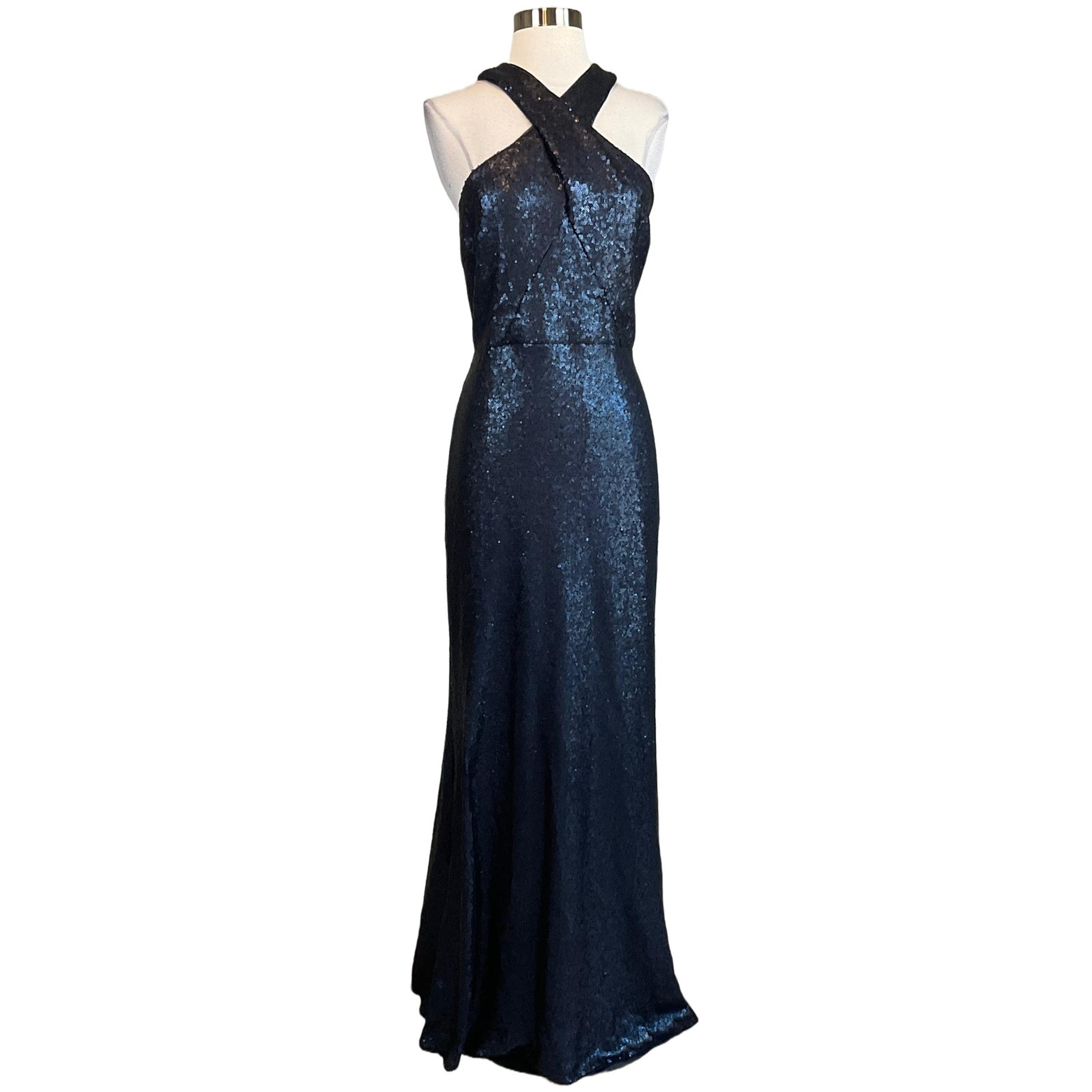Women's Formal Dress Size 4 Blue Sequined Backless Long Evening Gown - Aqua