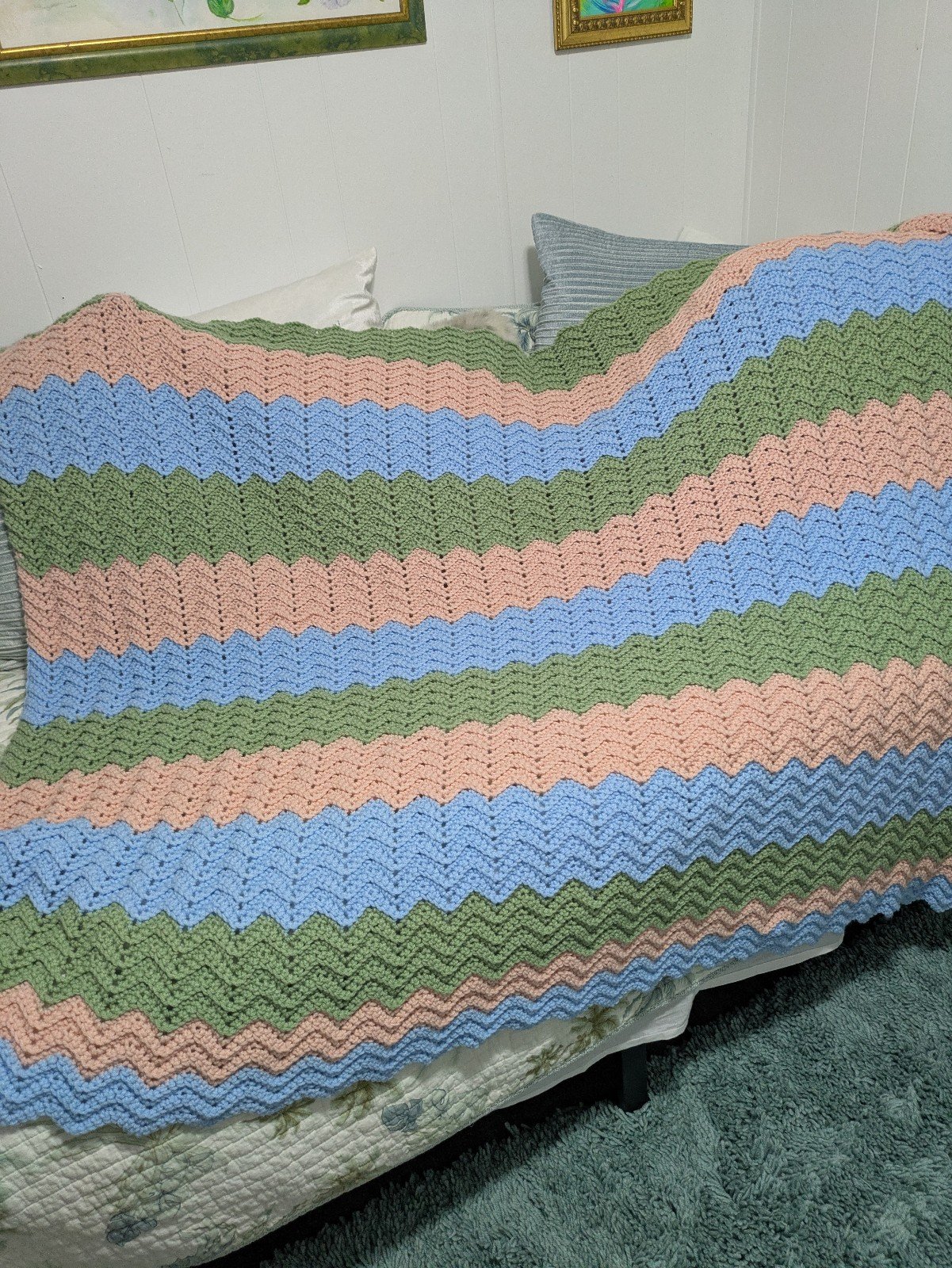 Vintage 60 X 78 Pastel Pink Blue Green Chevron Stripe Crocheted Afghan