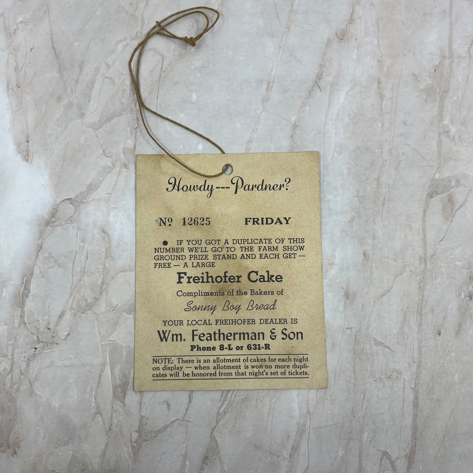 Vintage Wm Featherman & Son Sonny Boy Bread Freihofer Cake Voucher Bethlehem EA5