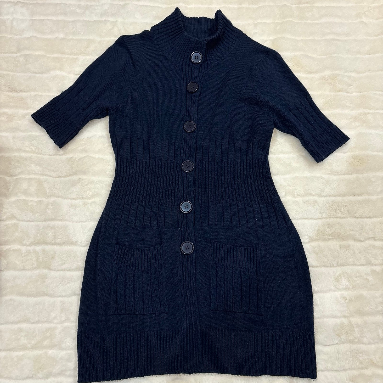 Navy blue half sleeve button down sweater dress knit wear. early 2000s/ y2k