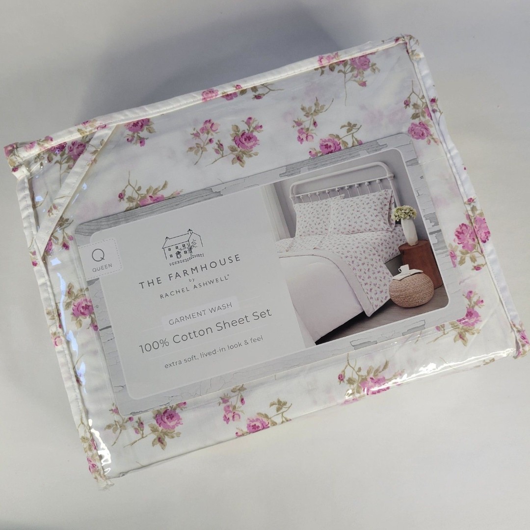 Rachel Ashwell Farmhouse Shabby Chic QUEEN Sheets Pink Roses Sage Leaves Cotton