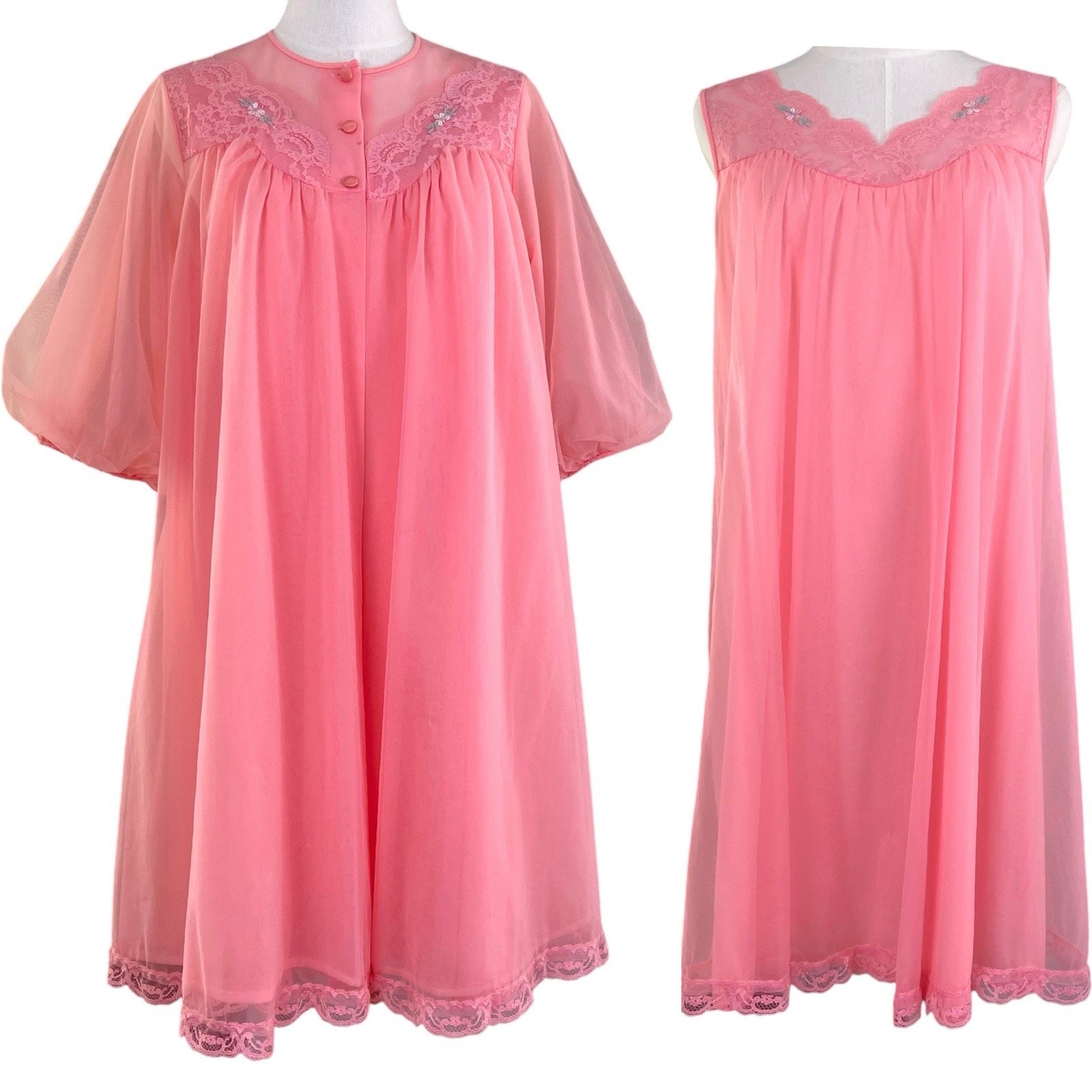 Vintage 60's Shadowline Coral Nylon Chiffon Gown & Robe Peignoir Set Size Small