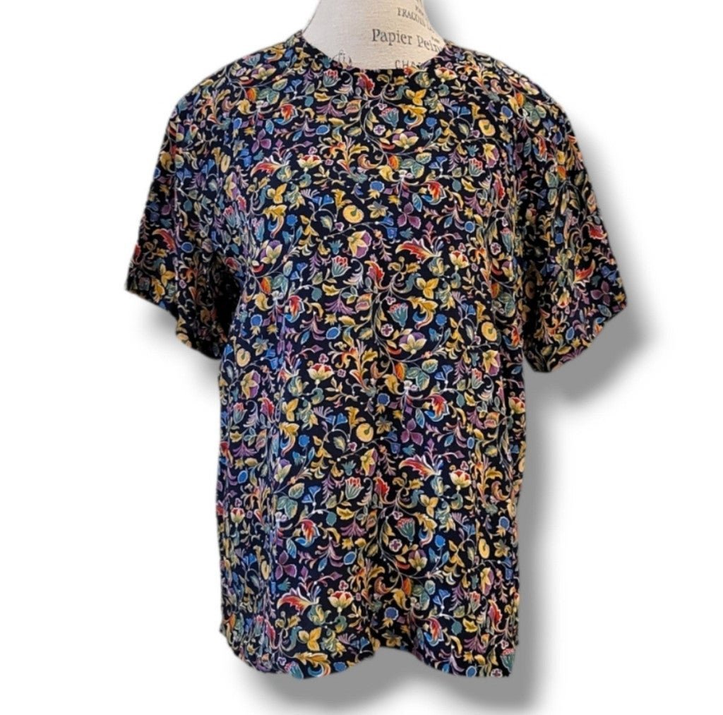 Pacific Silk & Studio 100% Silk Navy And Floral Print Short-Sleeve Crewneck - 1X