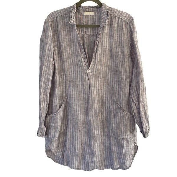 CP Shades Teton Linen Striped Relaxed Fit V-Neck Collar Pockets Tunic Medium