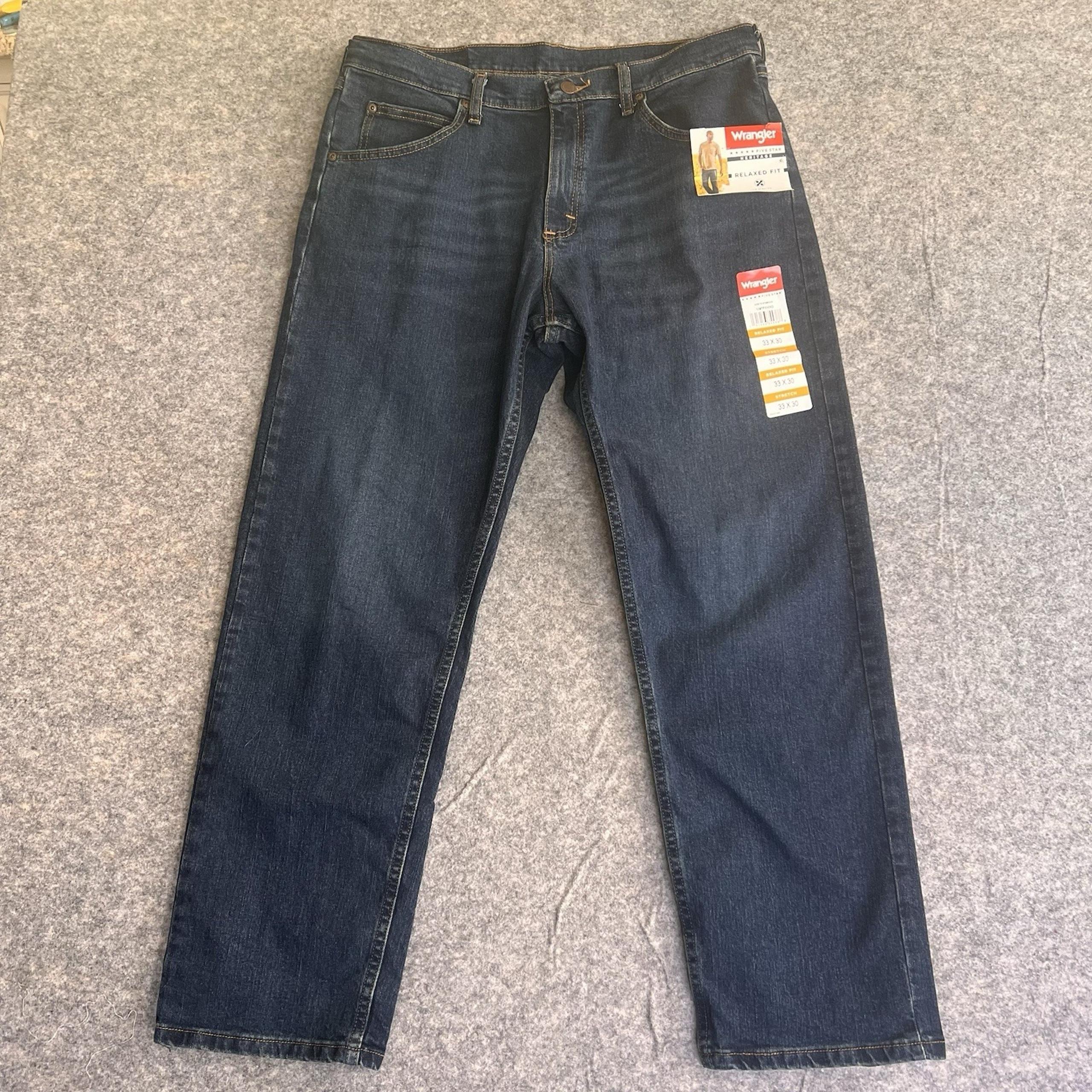 Wrangler Jeans Mens 33x30 Five Star Heritage Relaxed Fit Dark Wash Blue Denim
