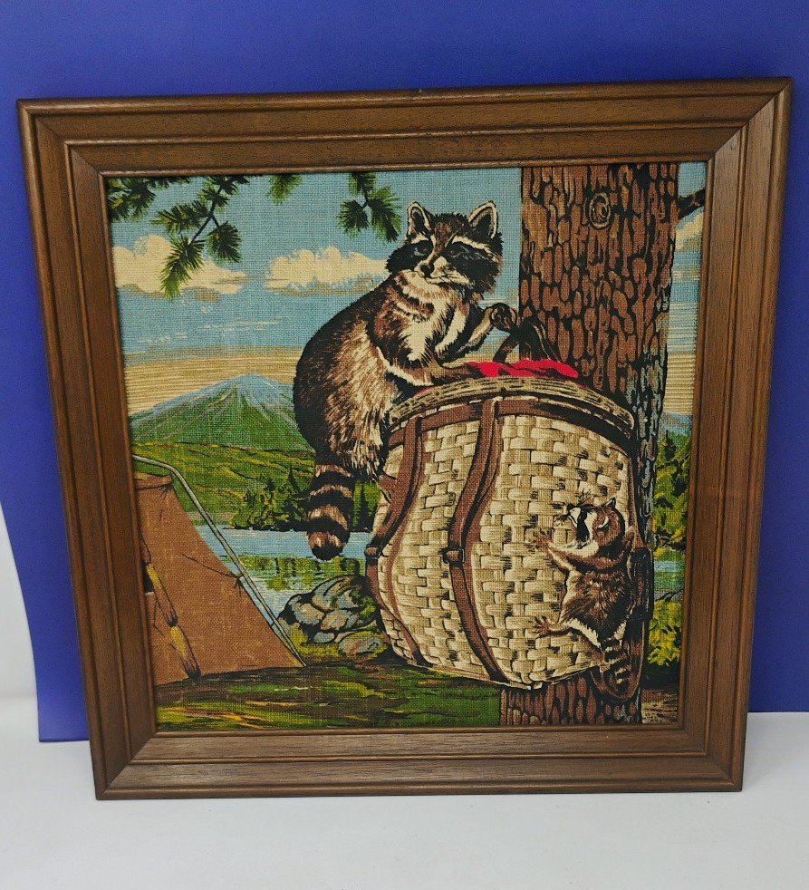 Vintage racoons camp site by Kay Dee hand prints 100% Pure Linen framed art