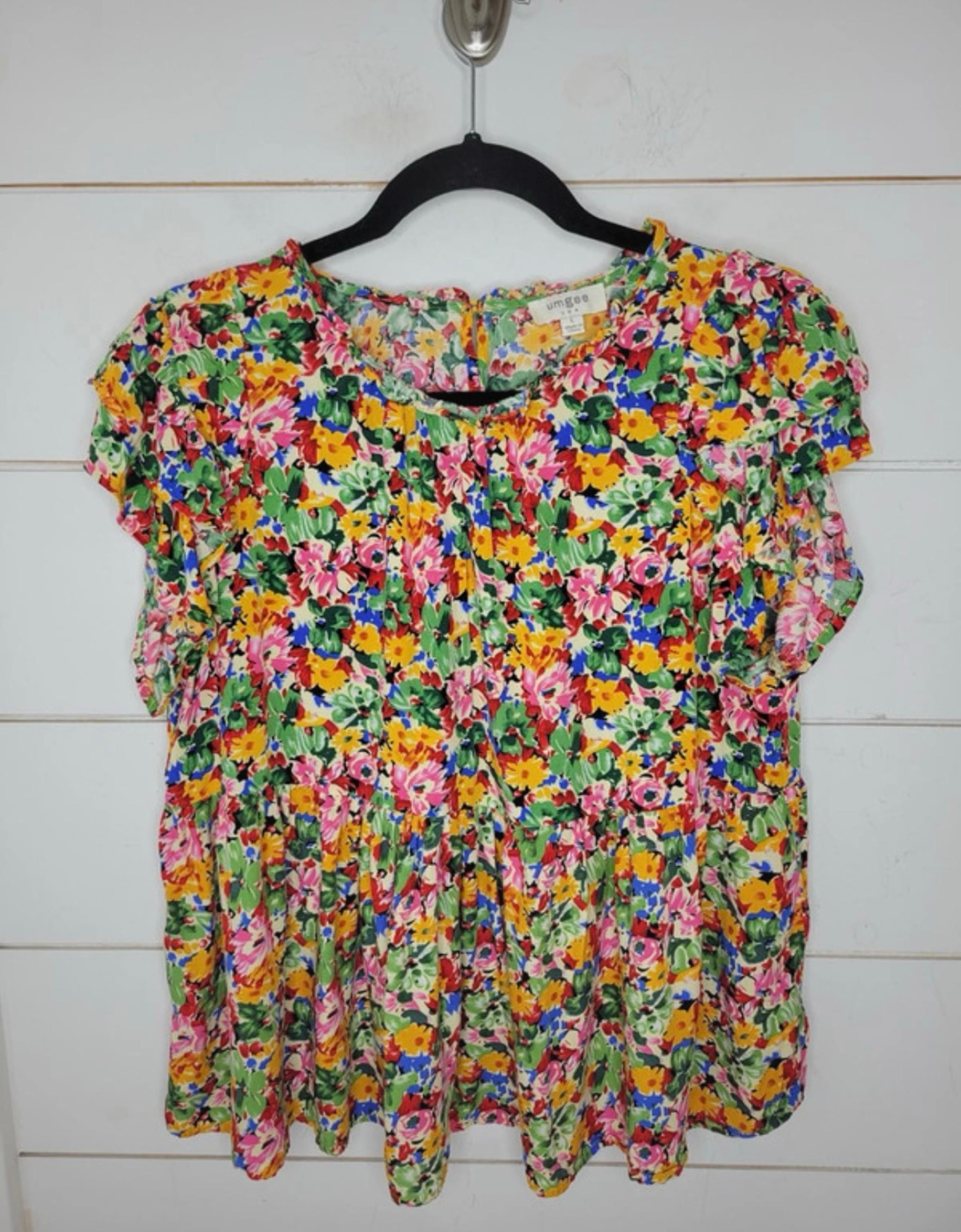 Umgee USA Multicolor Floral Babydoll Blouse Women’s Size L Ruffle Sleeve