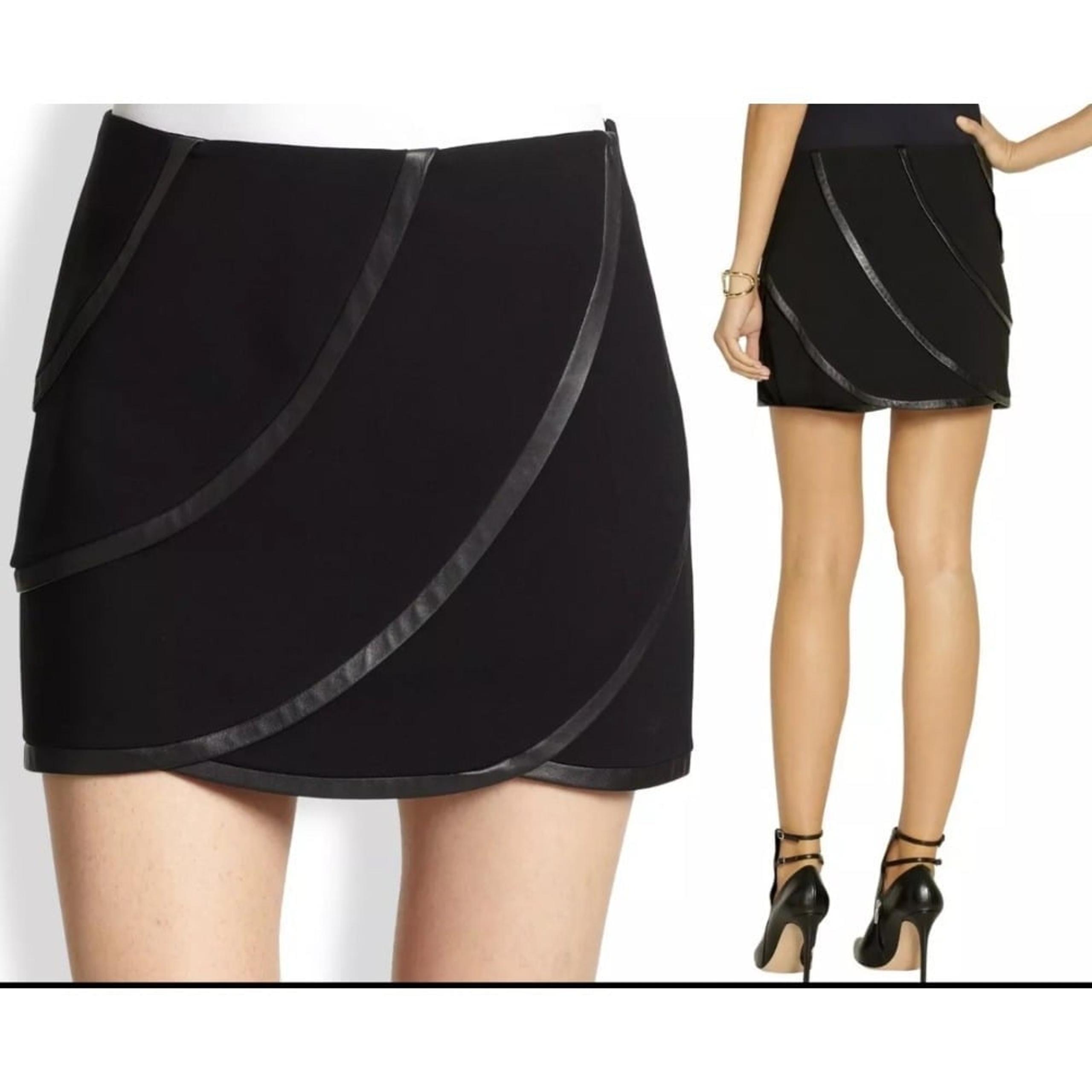 Diane Von Furstenberg Karina Black Crepe Leather Trim Bias Panel Skirt 12 NWT