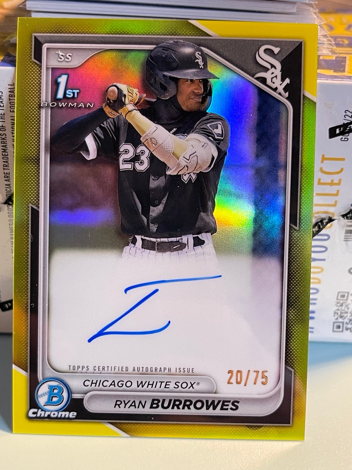 Ryan Burrowes-Bowman Chrome,1st Bowman-Auto,Yellow Refractor SSP 20/75-WHITE SOX