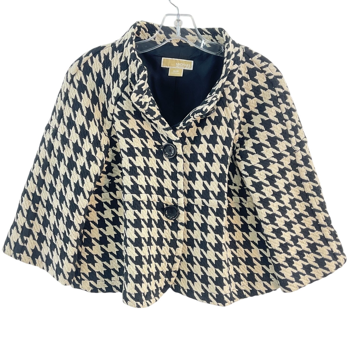 Michael Kors Black & Cream Houndstooth Cropped Swing Coat Cotton Women’s Small