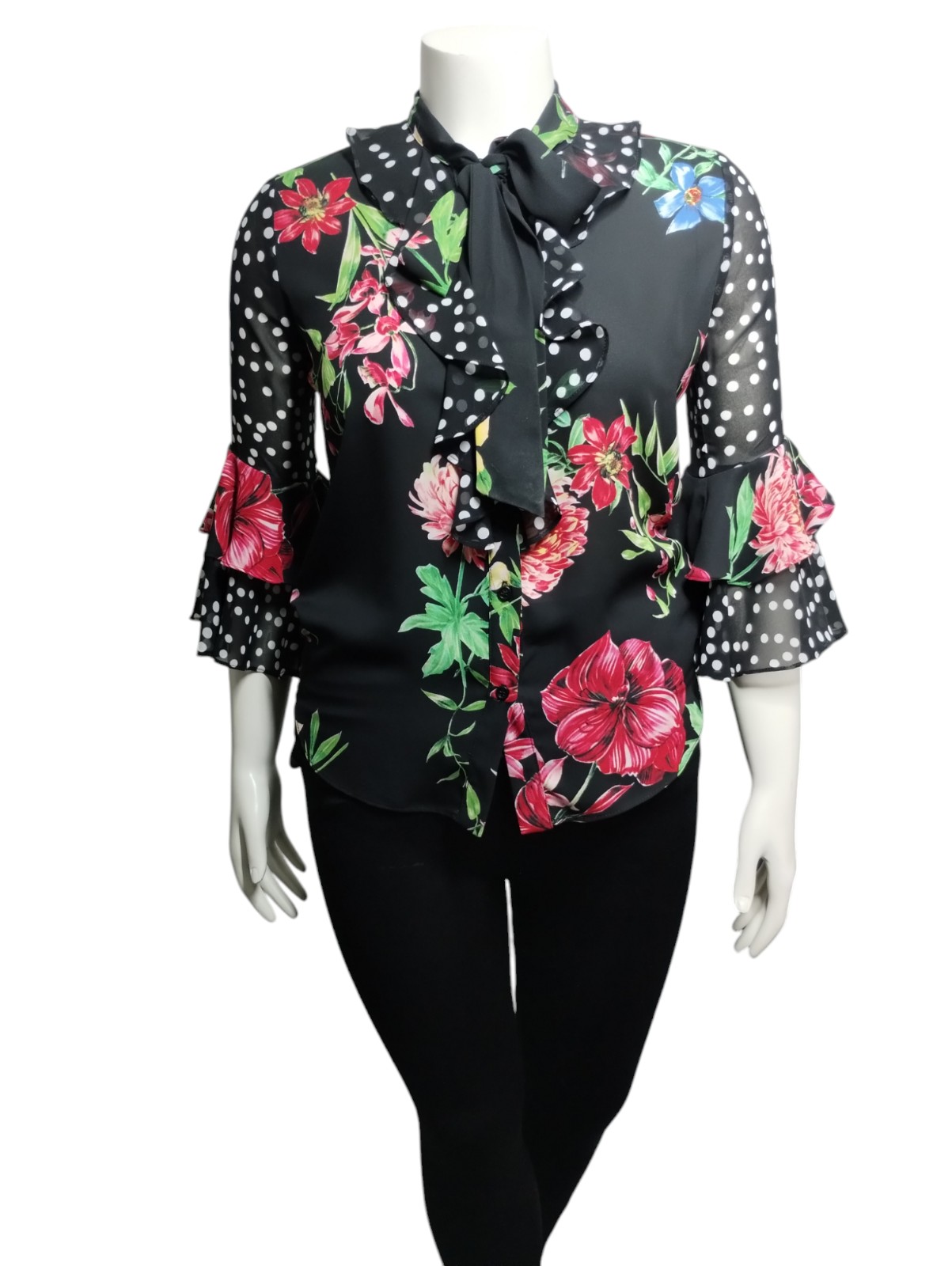 Joseph Ribkoff Women's Floral Semi-Sheer Ruffle Tie Flutter Bell Sleeve Size 6