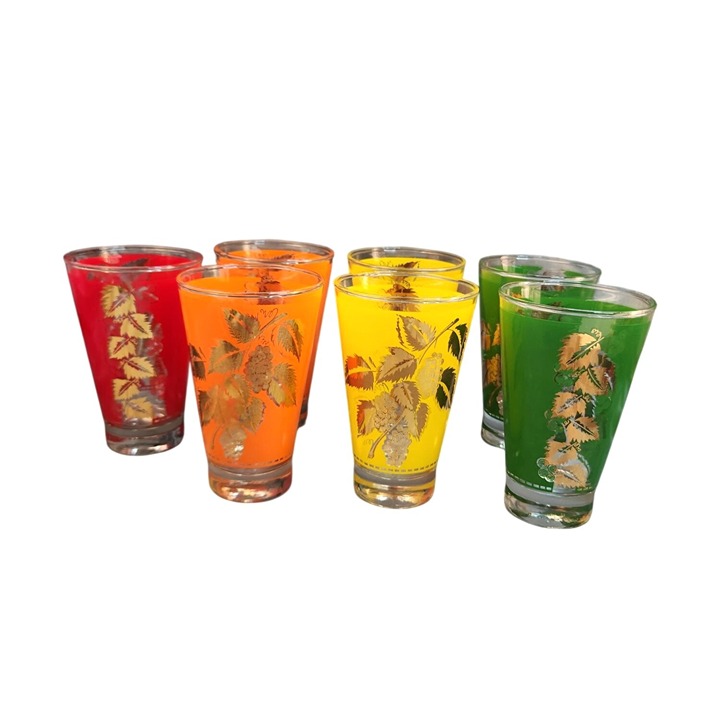 Vintage Libbey Retro Mid-Century Colored Glasses Set Of 7 With Gold Grape Leaf D