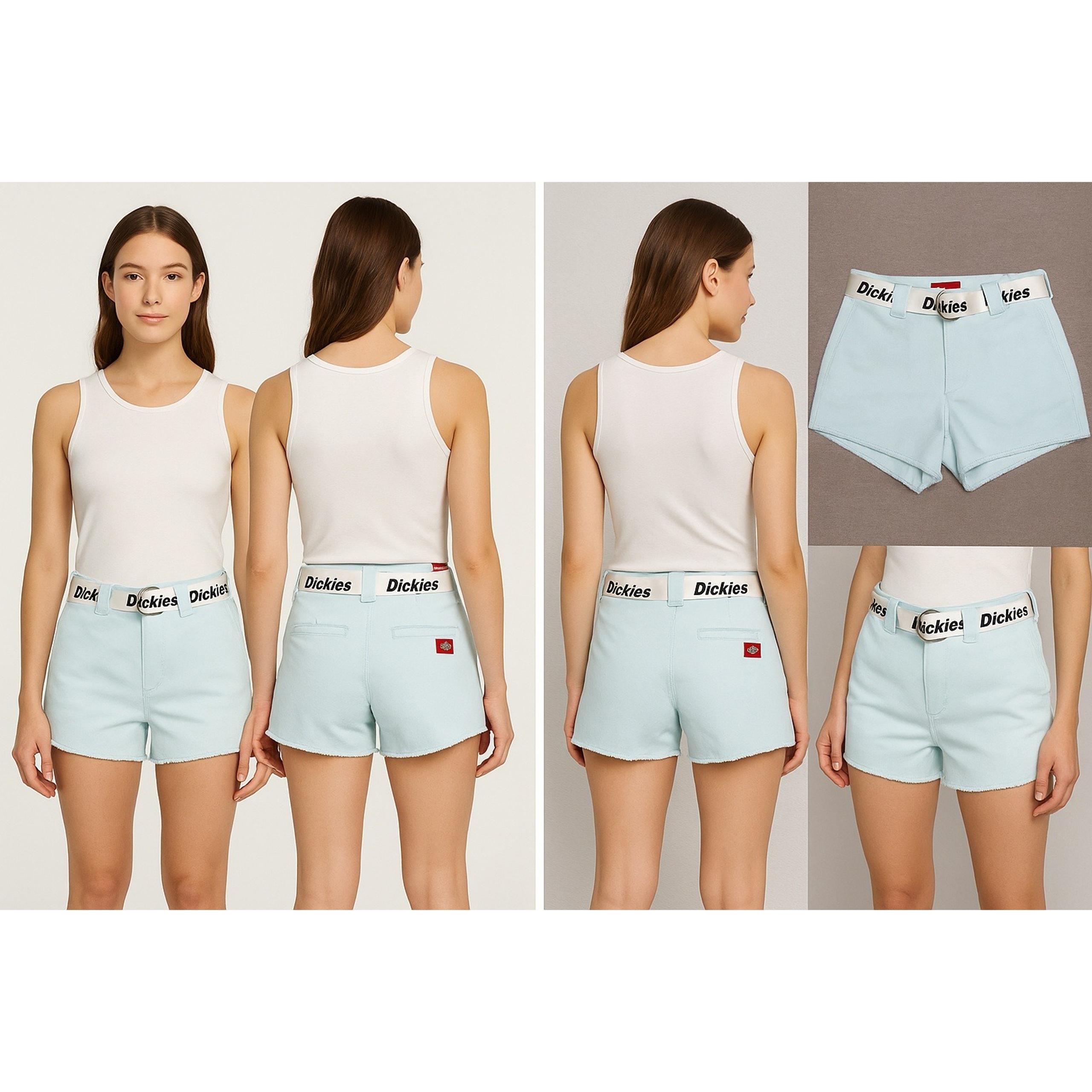 Dickies Women's Light Blue Shorts Size 0/24 With Logo Belt