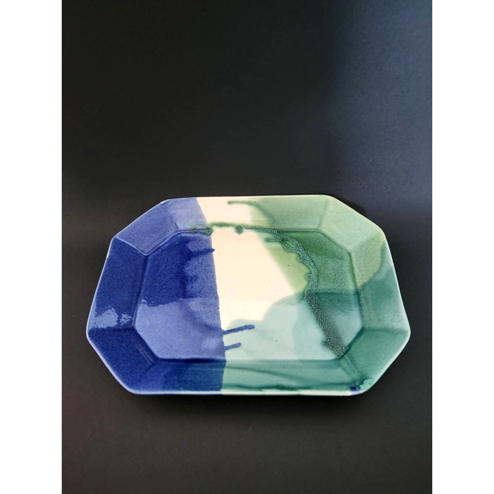 Handmade Drip Glaze Serving Plate Blue Green Artist Signed 11x8x1