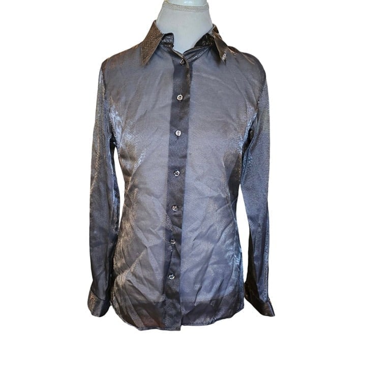 Marella Max Mara Womens Sz 8 Silver Sheer Button Up Shirt Longsleeve Metallic