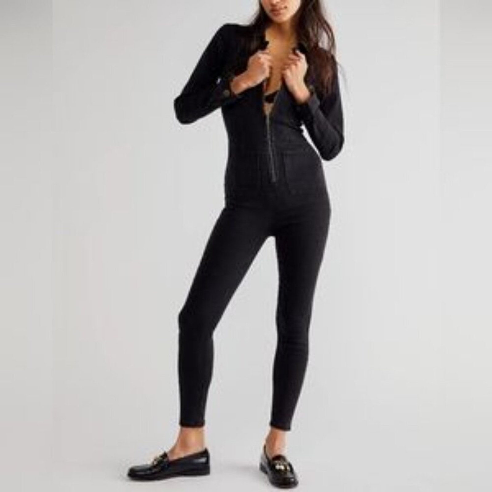 NEW Free People Black As Night Lennox Slim Denim Coverall Jumpsuit XL