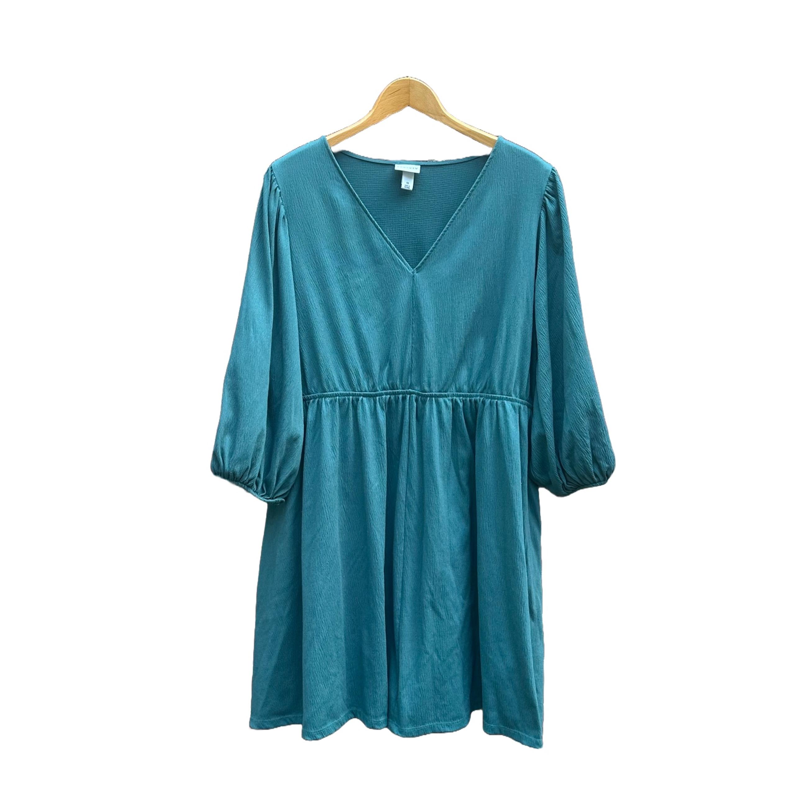Ava & Viv Dress Green Or Teal Crepe V Neck Puffy Sleeve Plus Size 1X Target