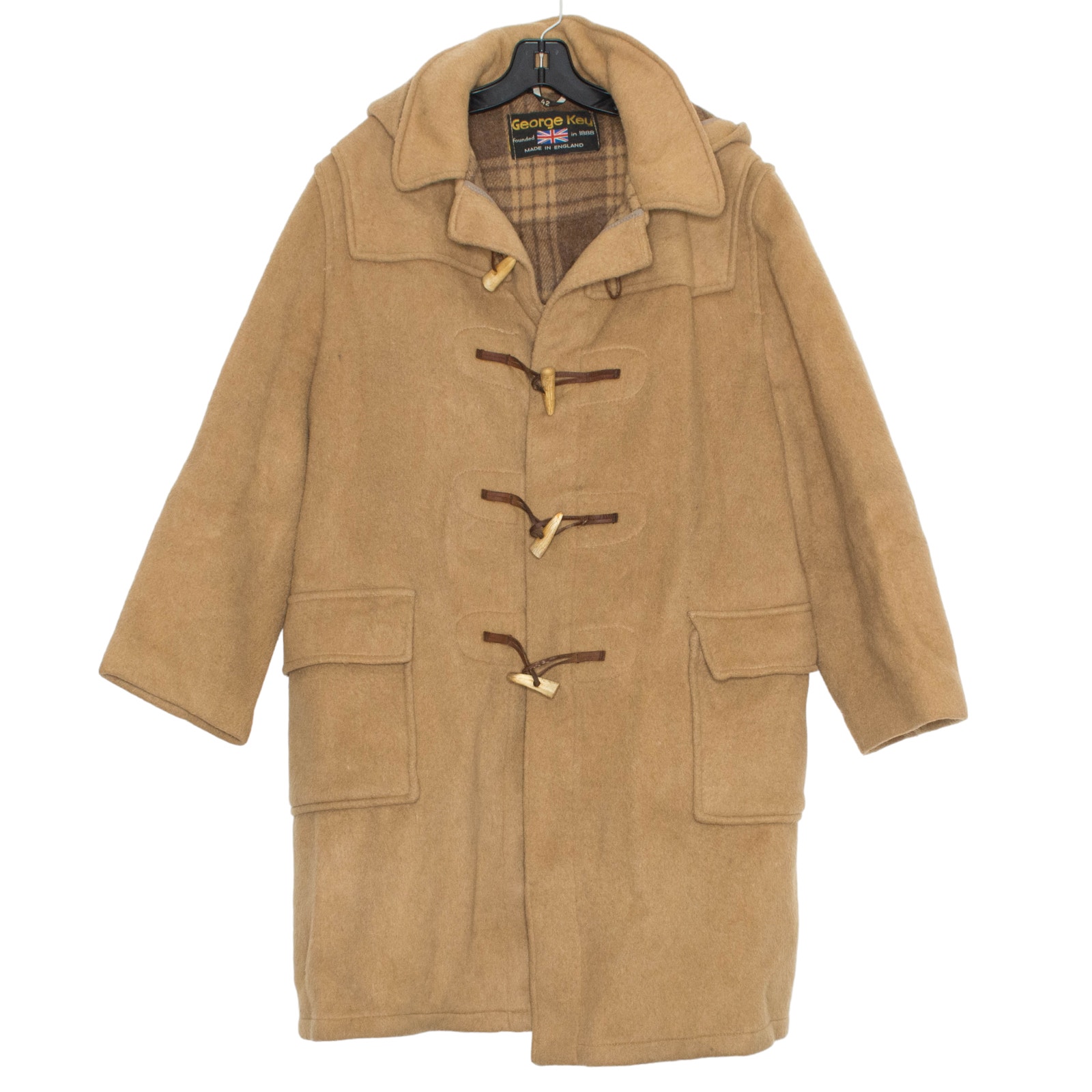 George Key Mens Coat Wool Horn Toggle Zip Removable Hood Brown Size 42 Large