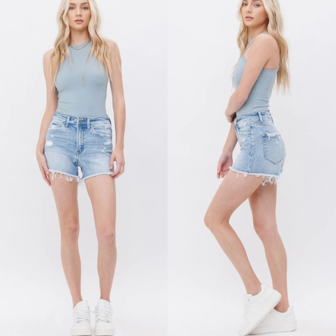 Mica Los Angeles High Waist Light Wash Distressed Denim Shorts Small