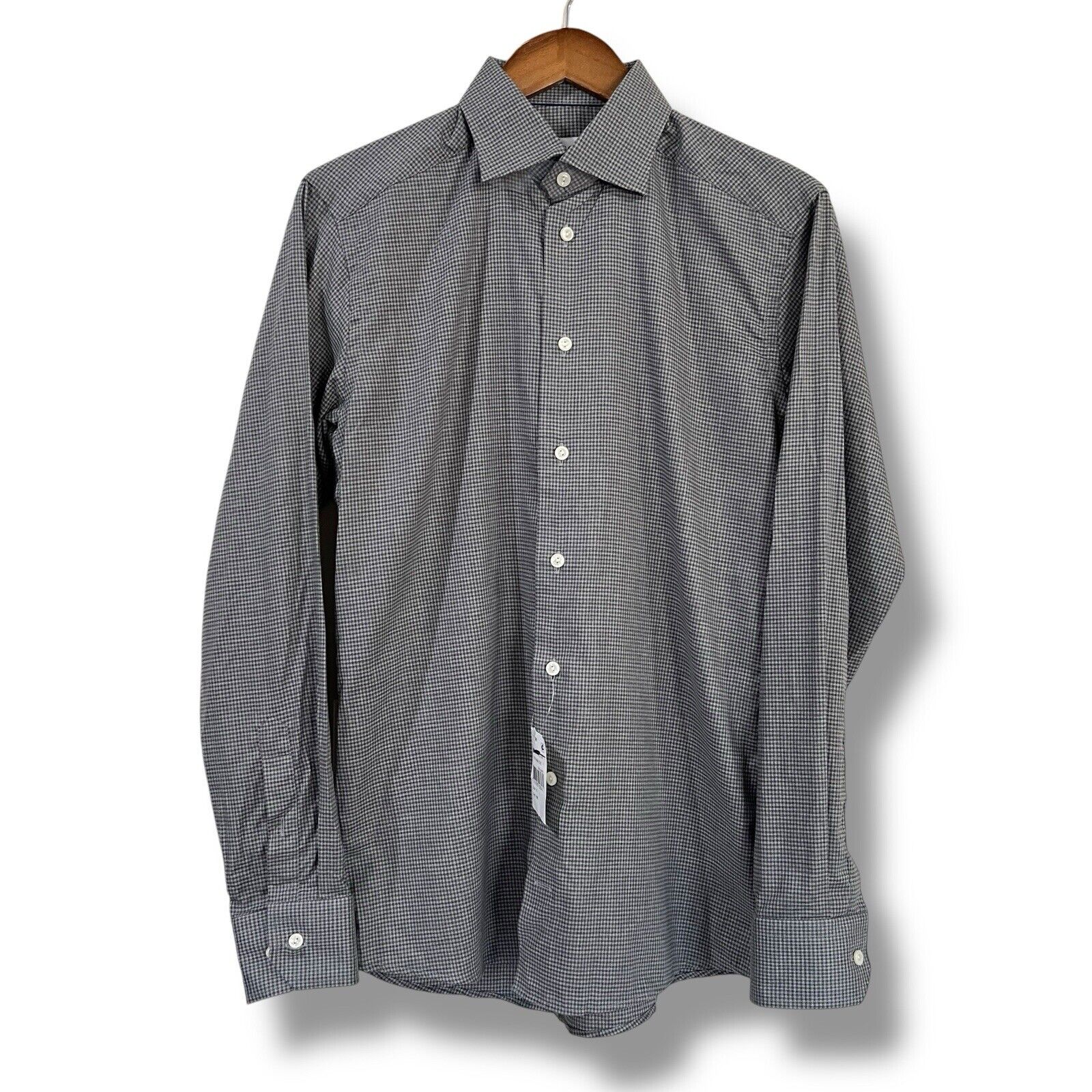NWT Eton Mens Size Small 15 38 Slim Microcheck Cotton Flannel Dress Shirt Gray