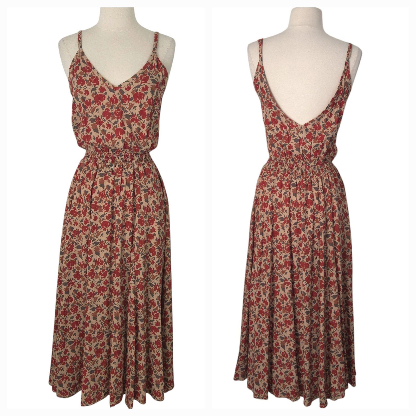 Pampelone Red Beige Floral Alisee Spaghetti Sleeveless Midi Sundress Dress- XS