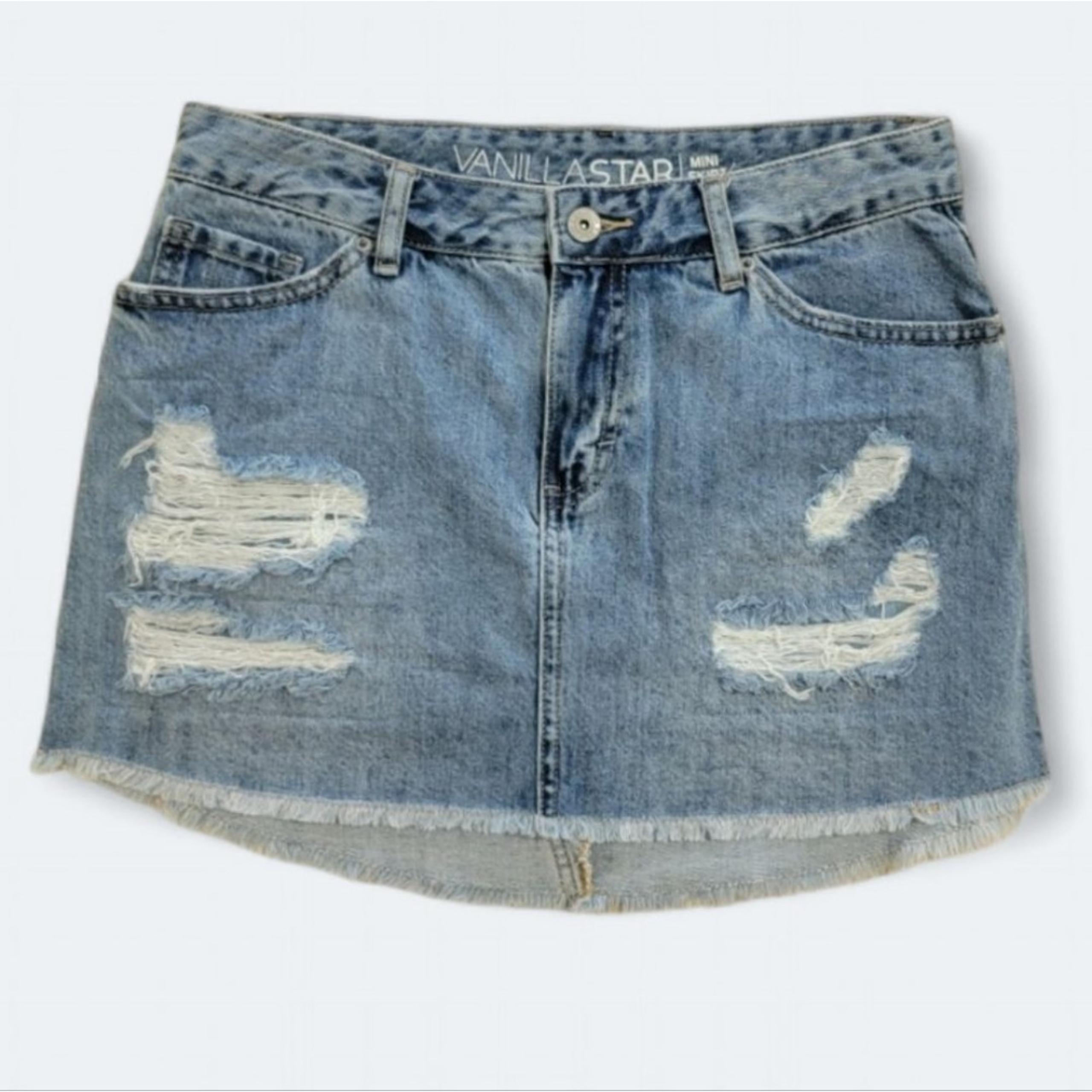 Vanilla Star Denim Mini Skirt Size 5 Distressed Fringe Cut Off Jeans
