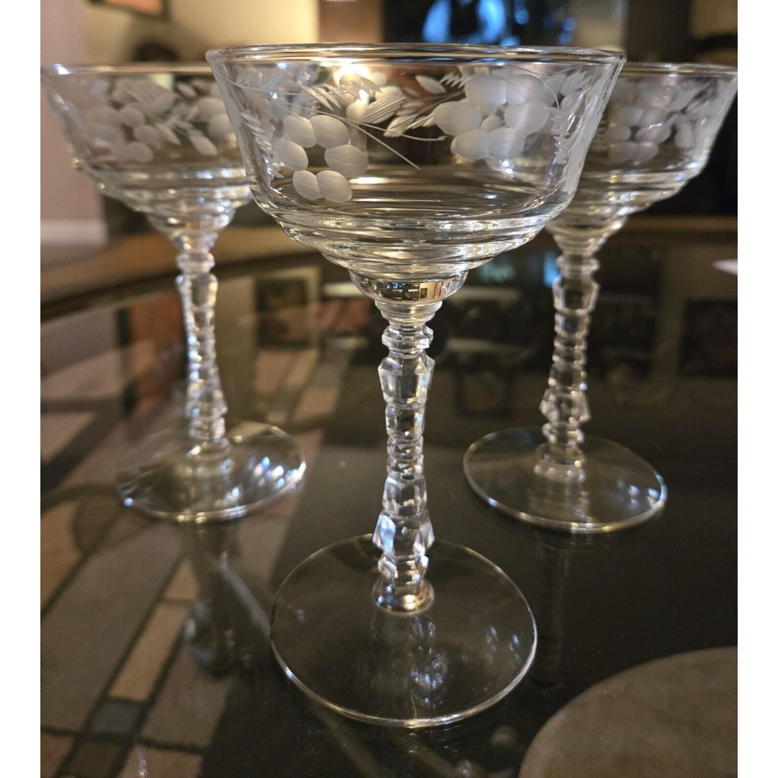 Vintage Libbey Rock Sharpe Halifax Etched Champagne Glasses Set Of 3