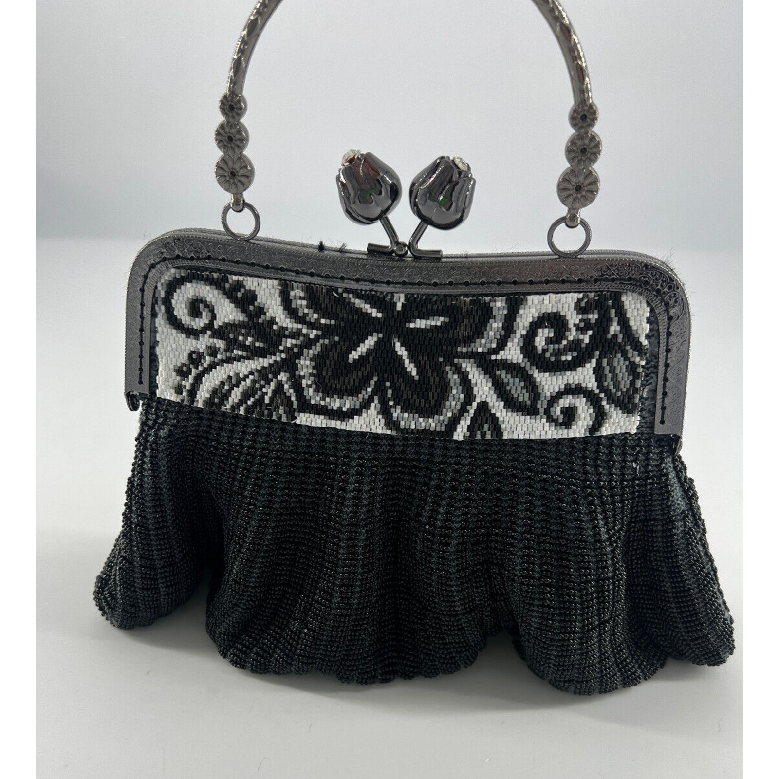 Vintage Beaded Clutch Purse Black White Fashion Glam Art Deco Metal 1920s Fur