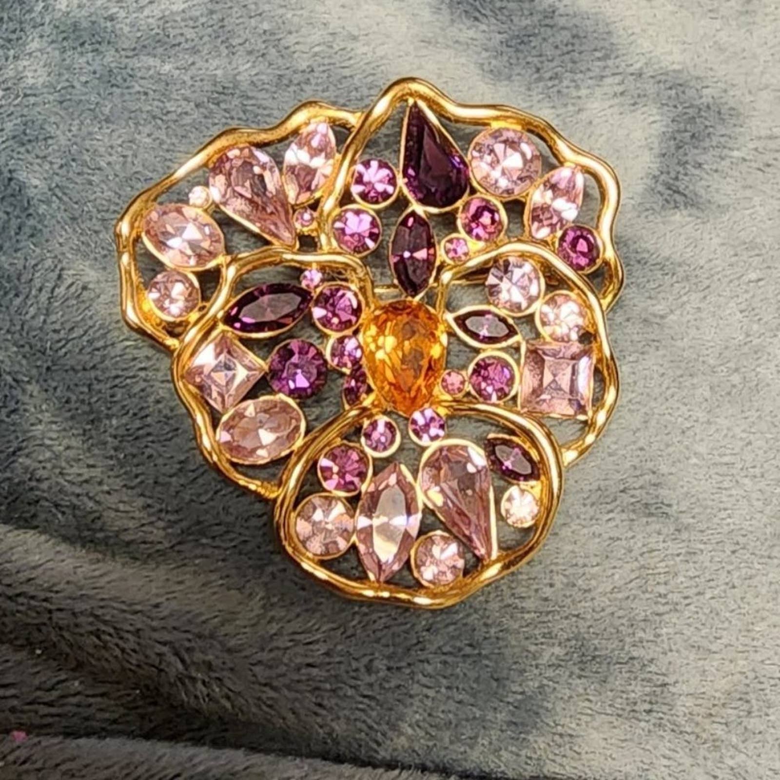 Nolan Miller Vintage Brooch Gold tone. Rhinestone Pink and Purple Crystal