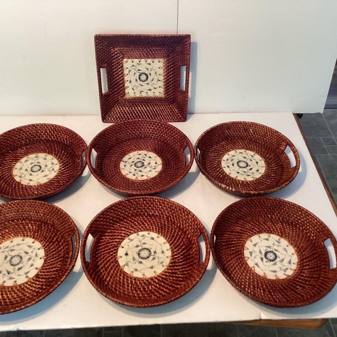 vintage handmade Vietnamese 7 rattan basket tray w/ceramic tile coaster 1 square