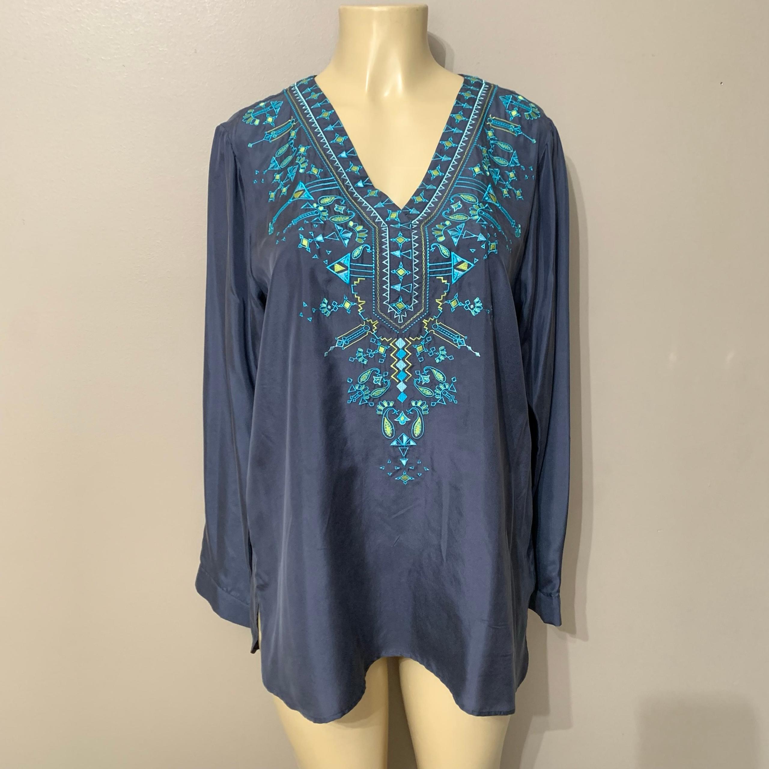 Sigrid Olsen Signature Silk Embroidered Charcoal/Navy Tunic Top NWT $189 Medium
