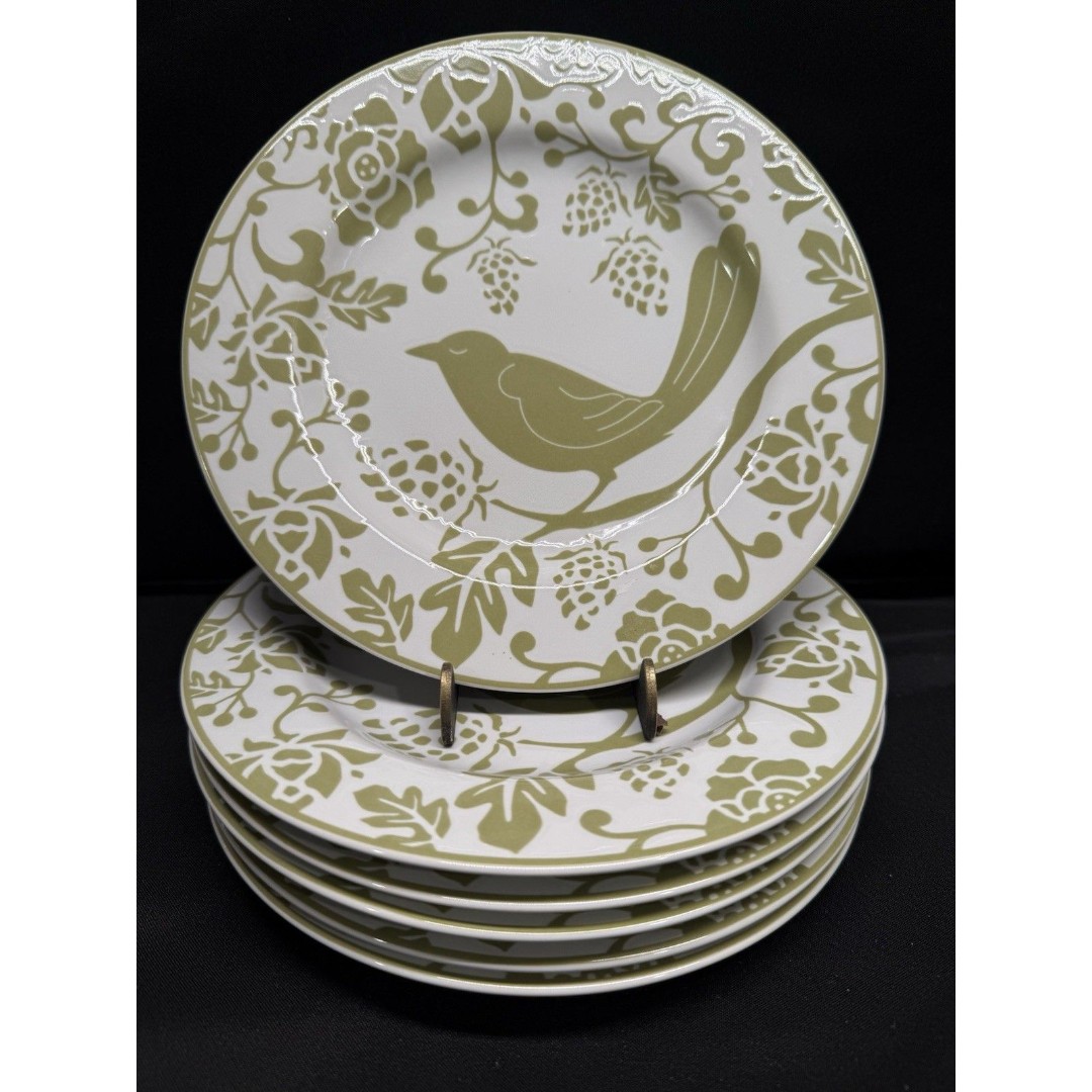 Set of 6 Pier 1 Bird Salad Plates Flowers Stoneware Green round Vintage 8.25