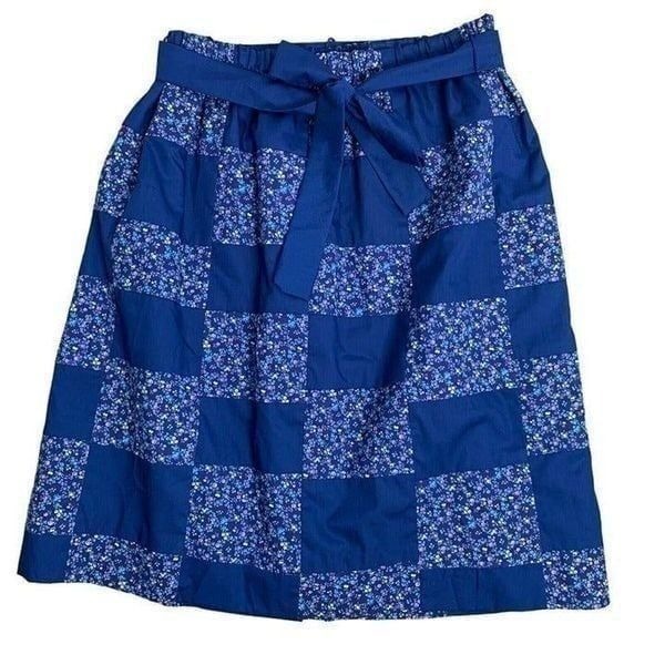 Vintage Handmade Patchwork A Line Skirt M Blue Floral Elastic Waist Belt Lined