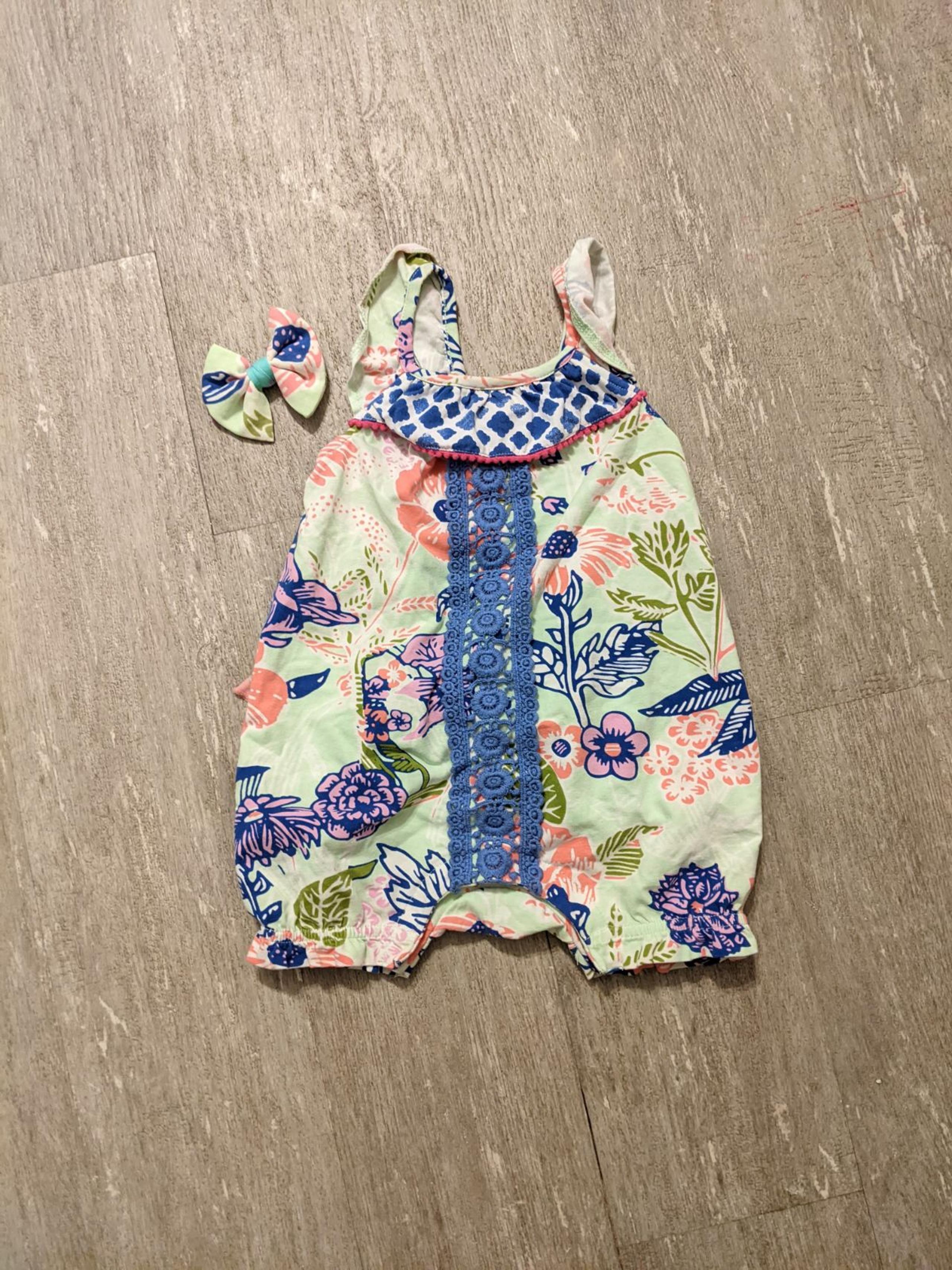 Matilda Jane spring green romper w/ M2M bow